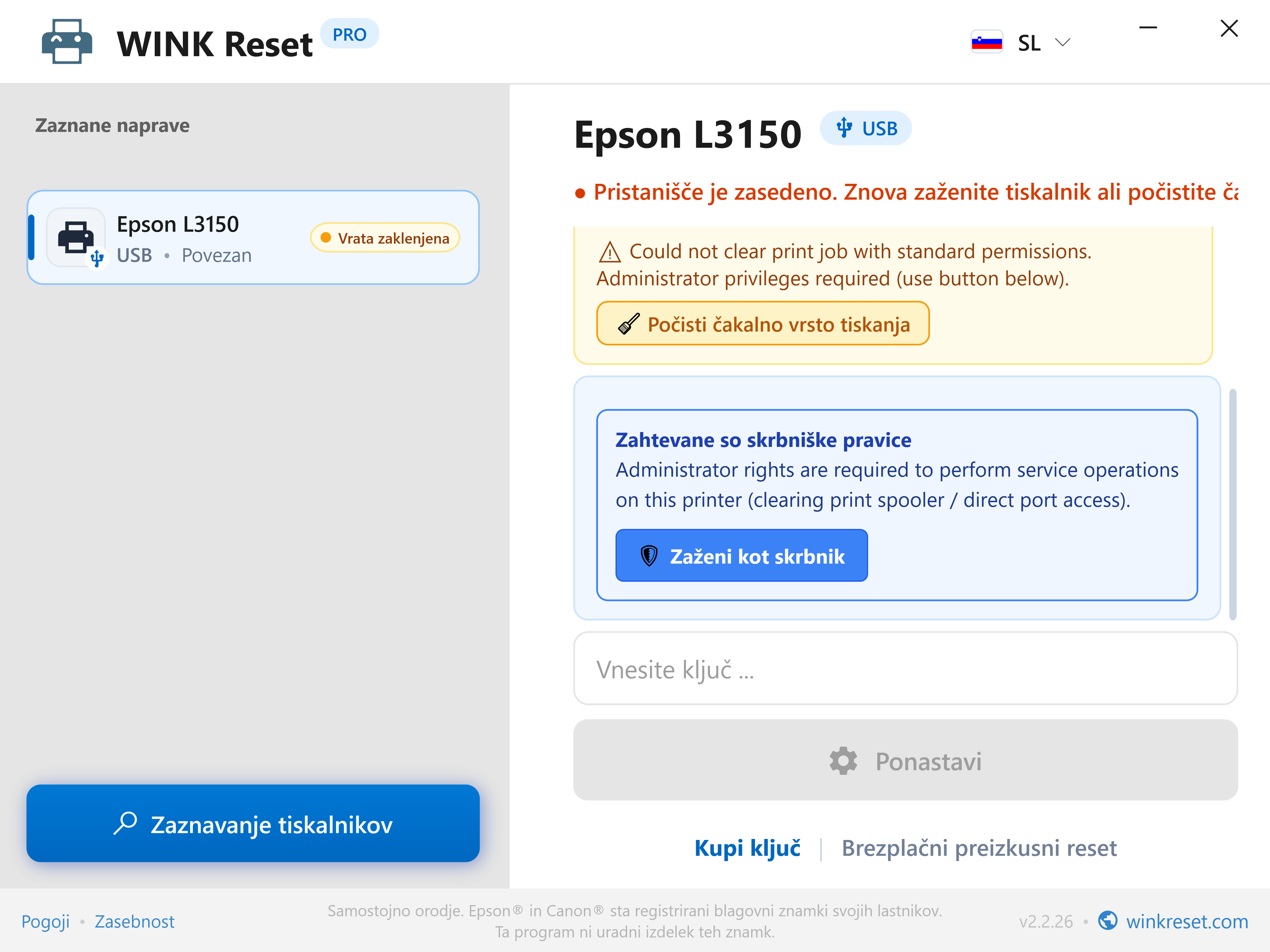 Enoklikovni dvig skrbniških pravic (UAC) - WINK Reset PRO (SL)