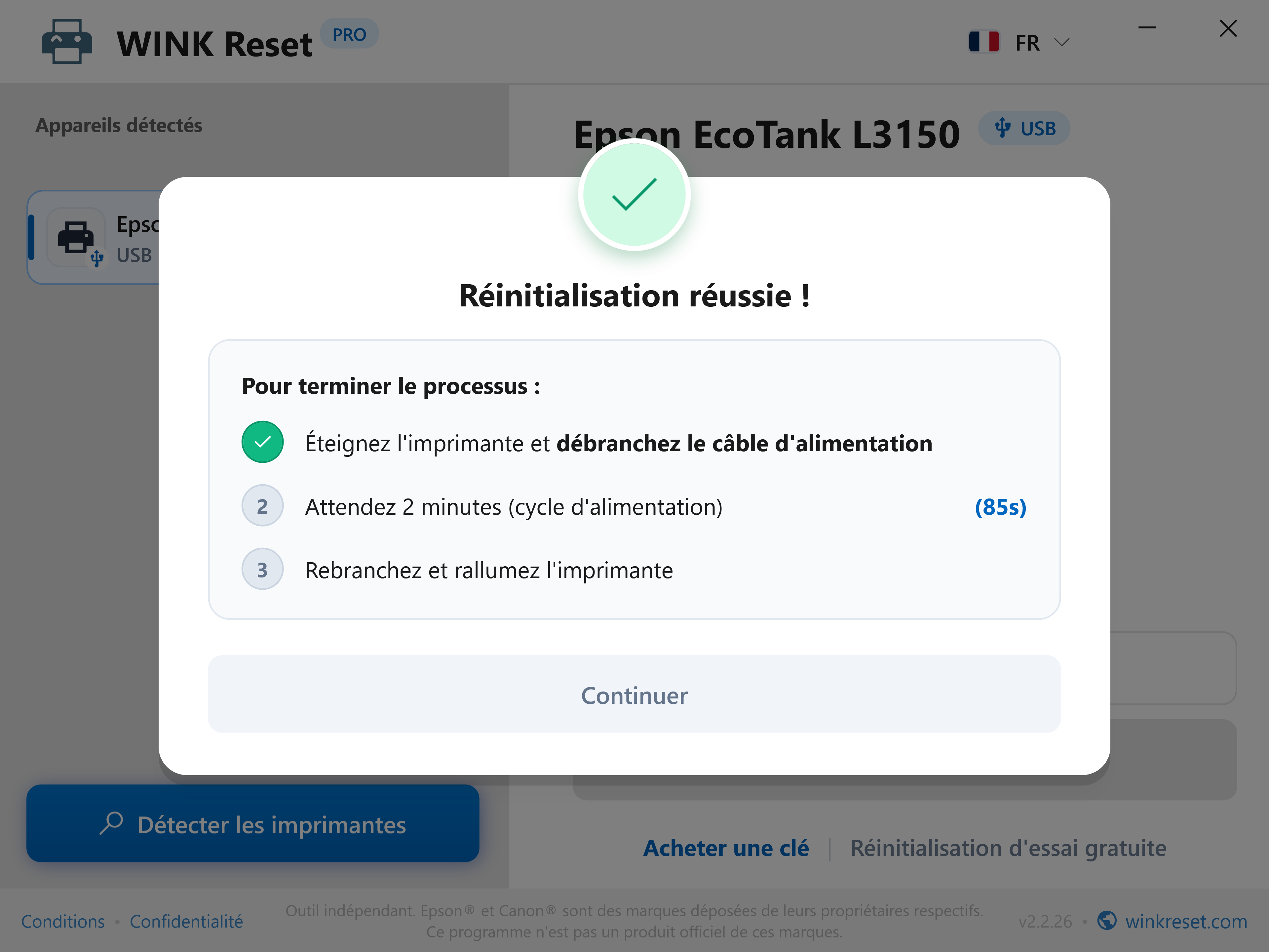 Réinitialisation réussie et minuterie de décharge de 85 s - WINK Reset PRO (FR)