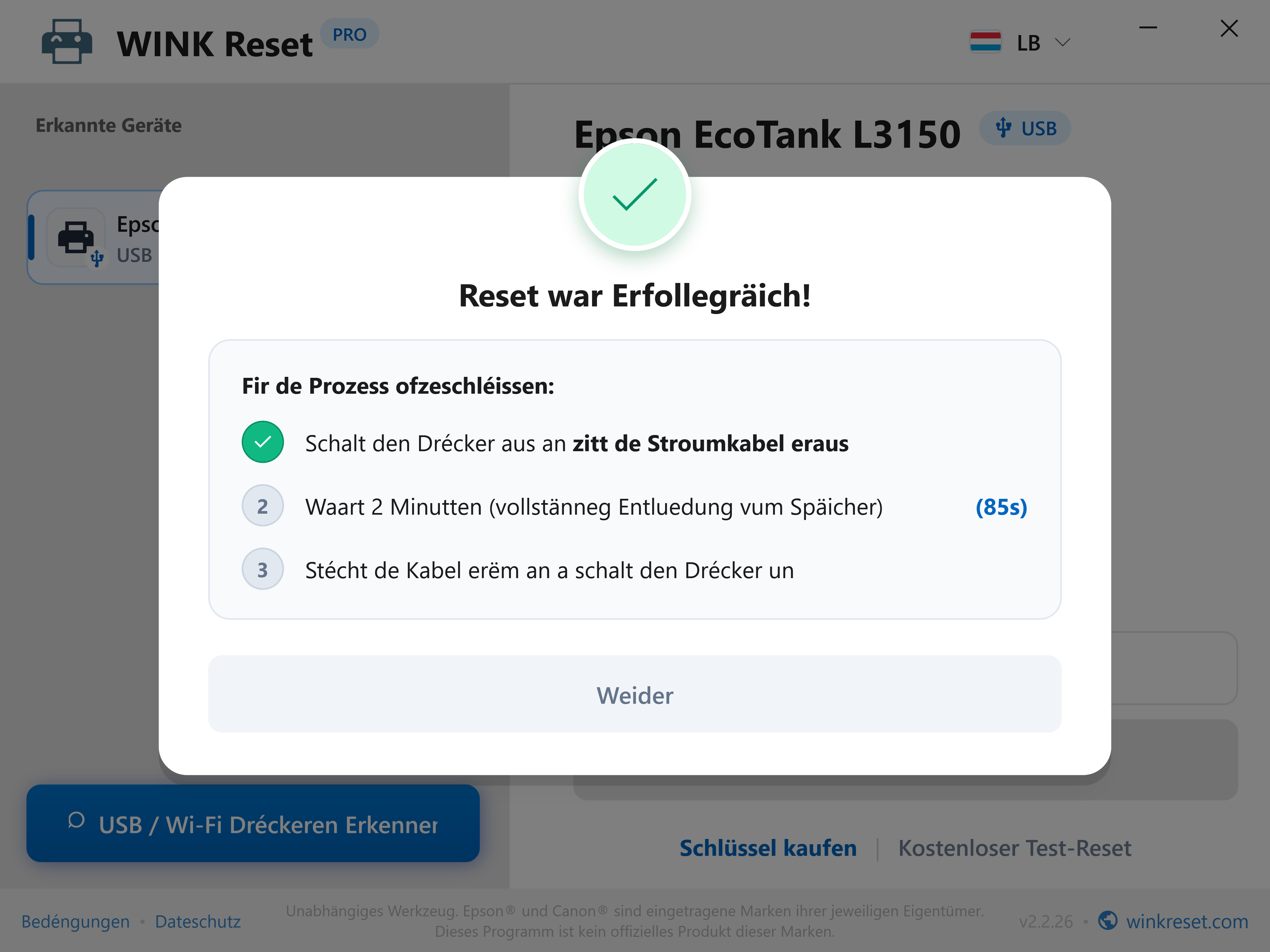Erfollegräichen Reset an Haaptplat-Entluedungsassistent - WINK Reset PRO (LB)