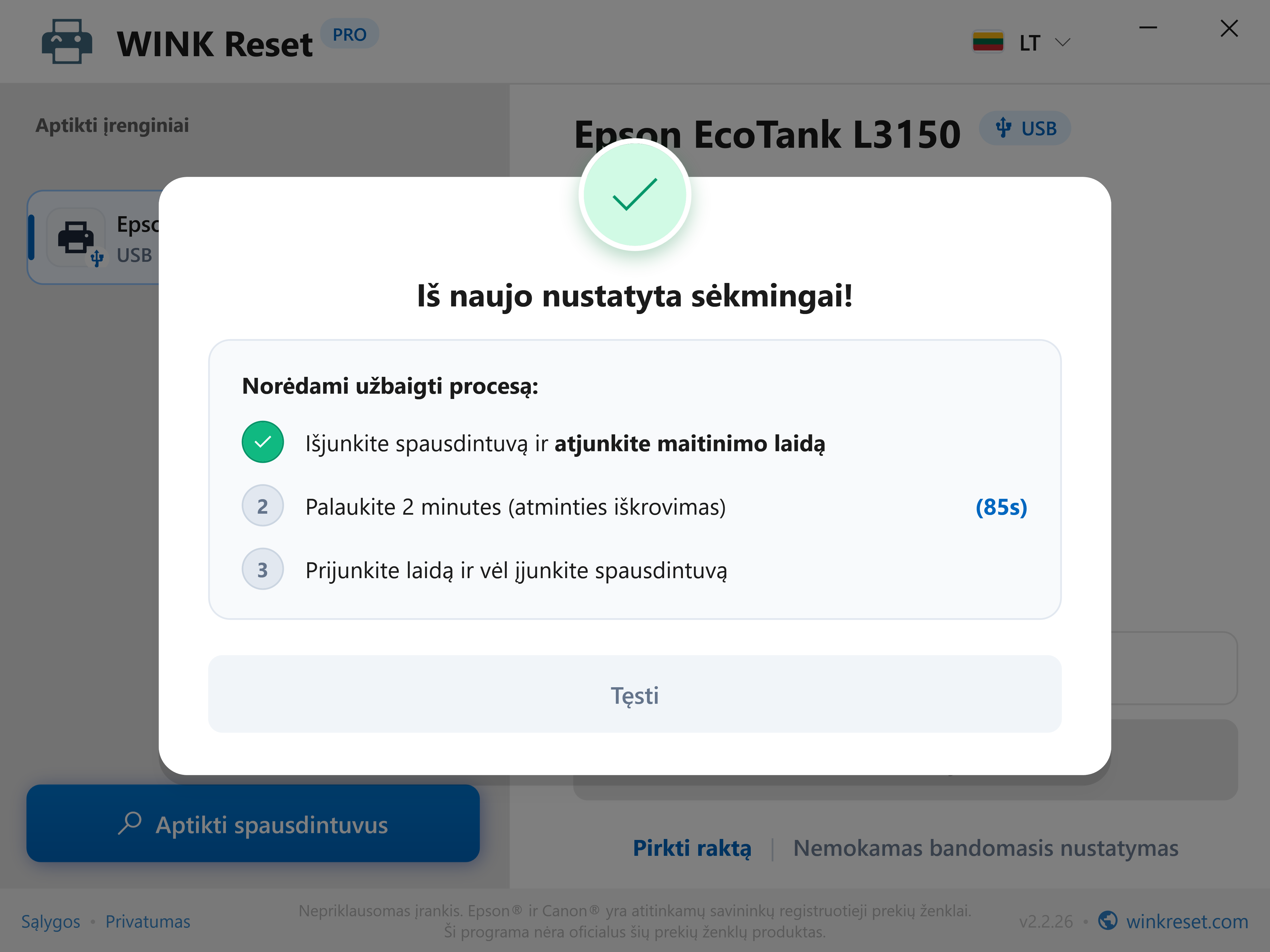 Sėkmingas nustatymas iš naujo ir pagrindinės plokštės iškrovimo asistentas - WINK Reset PRO (LT)
