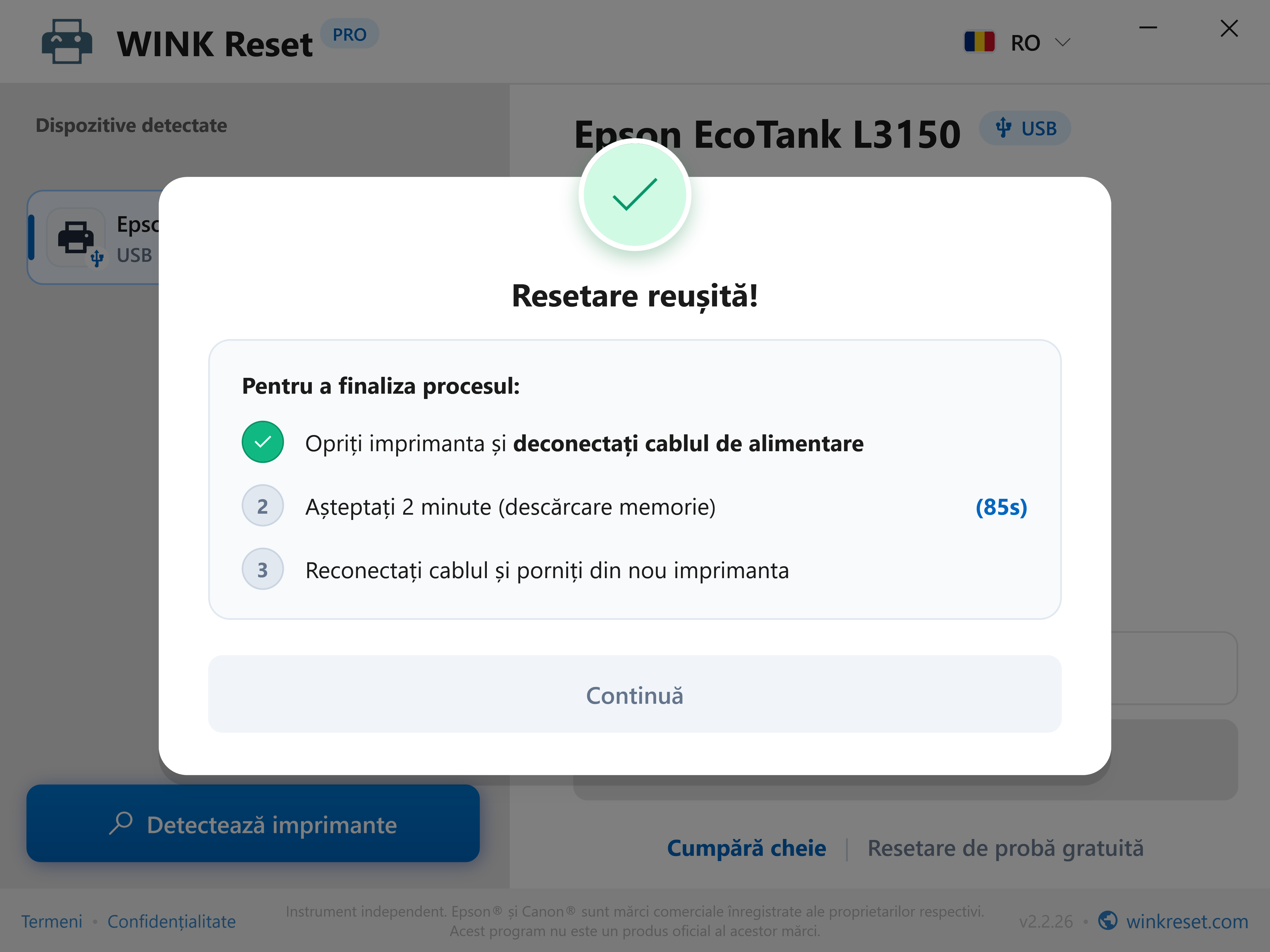 Resetare reușită și asistent pentru descărcarea memoriei prin alimentare - WINK Reset PRO (RO)