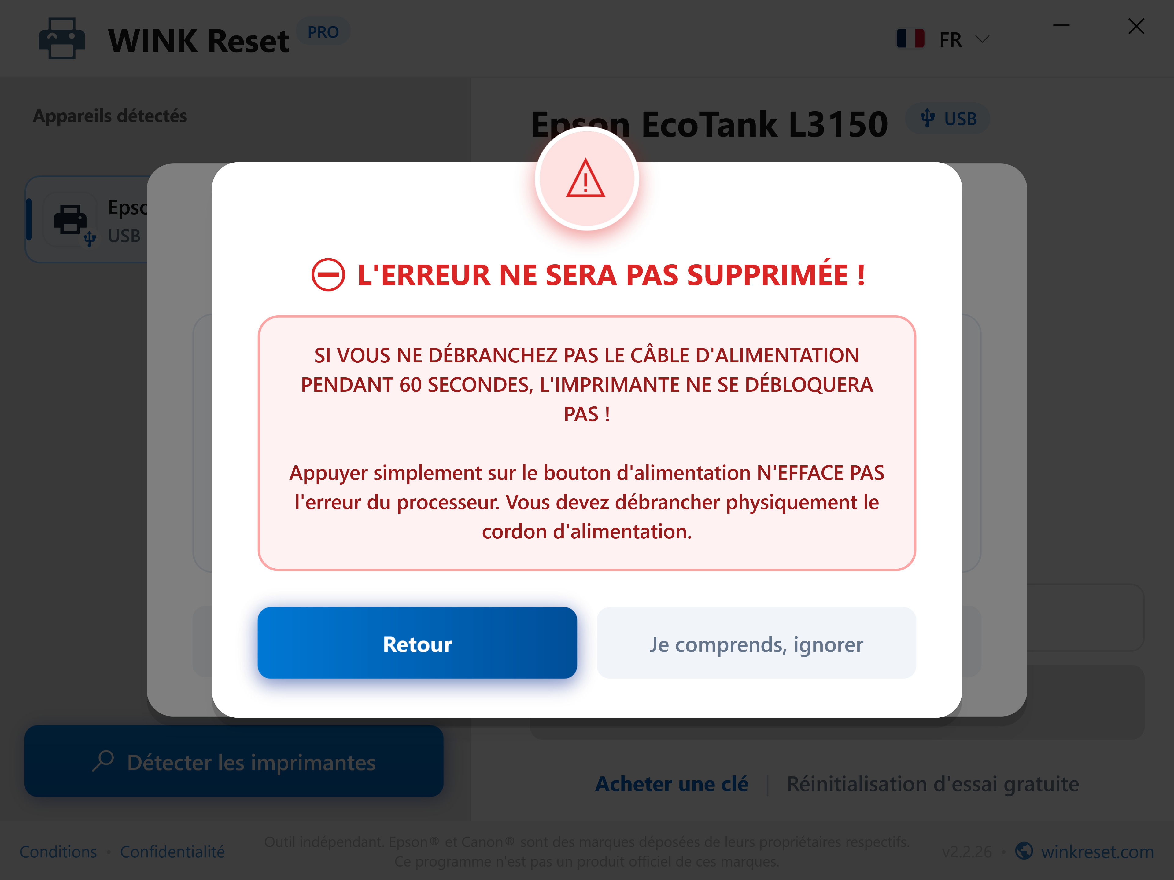 Protection contre l'interruption prématurée du cycle d'alimentation - WINK Reset PRO (FR)