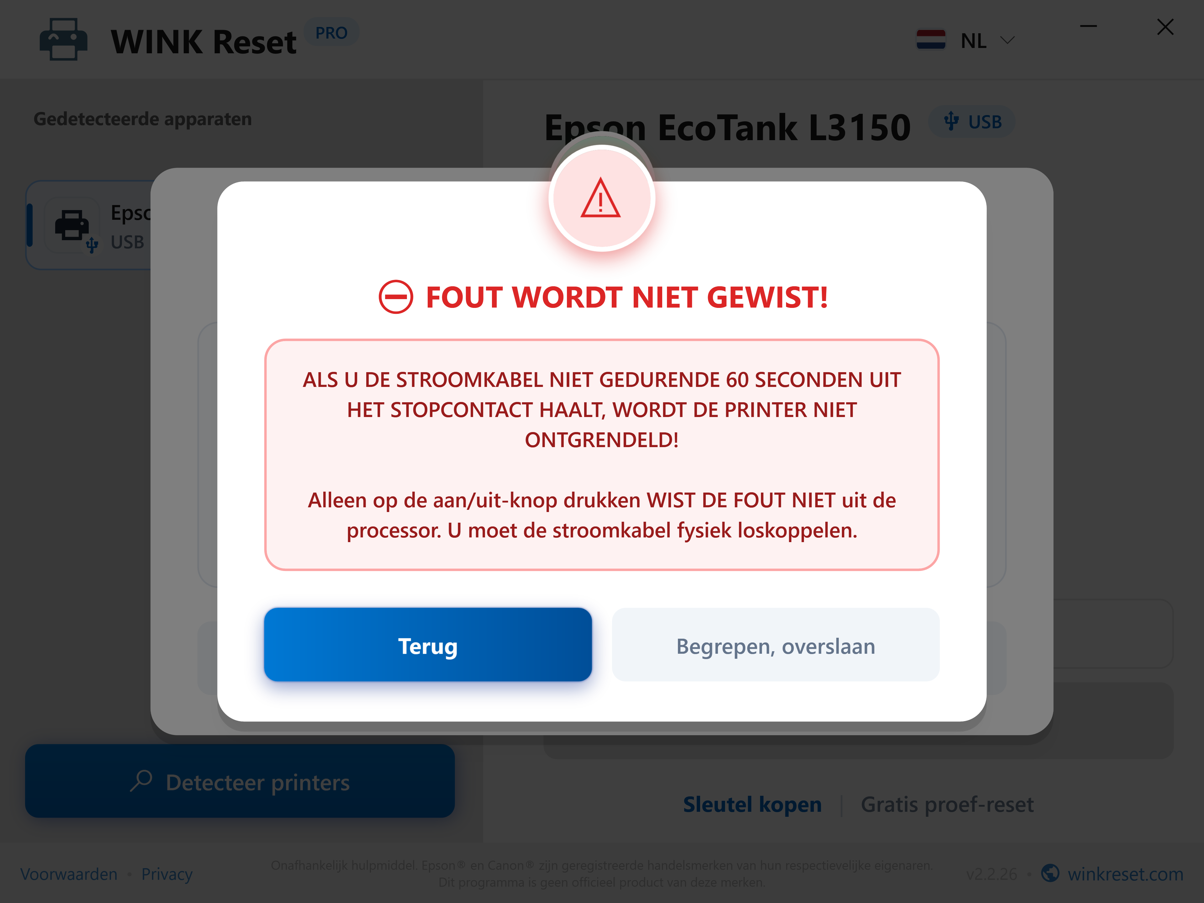 Beveiliging tegen voortijdig beëindigen van de stroomcyclus - WINK Reset PRO (NL)