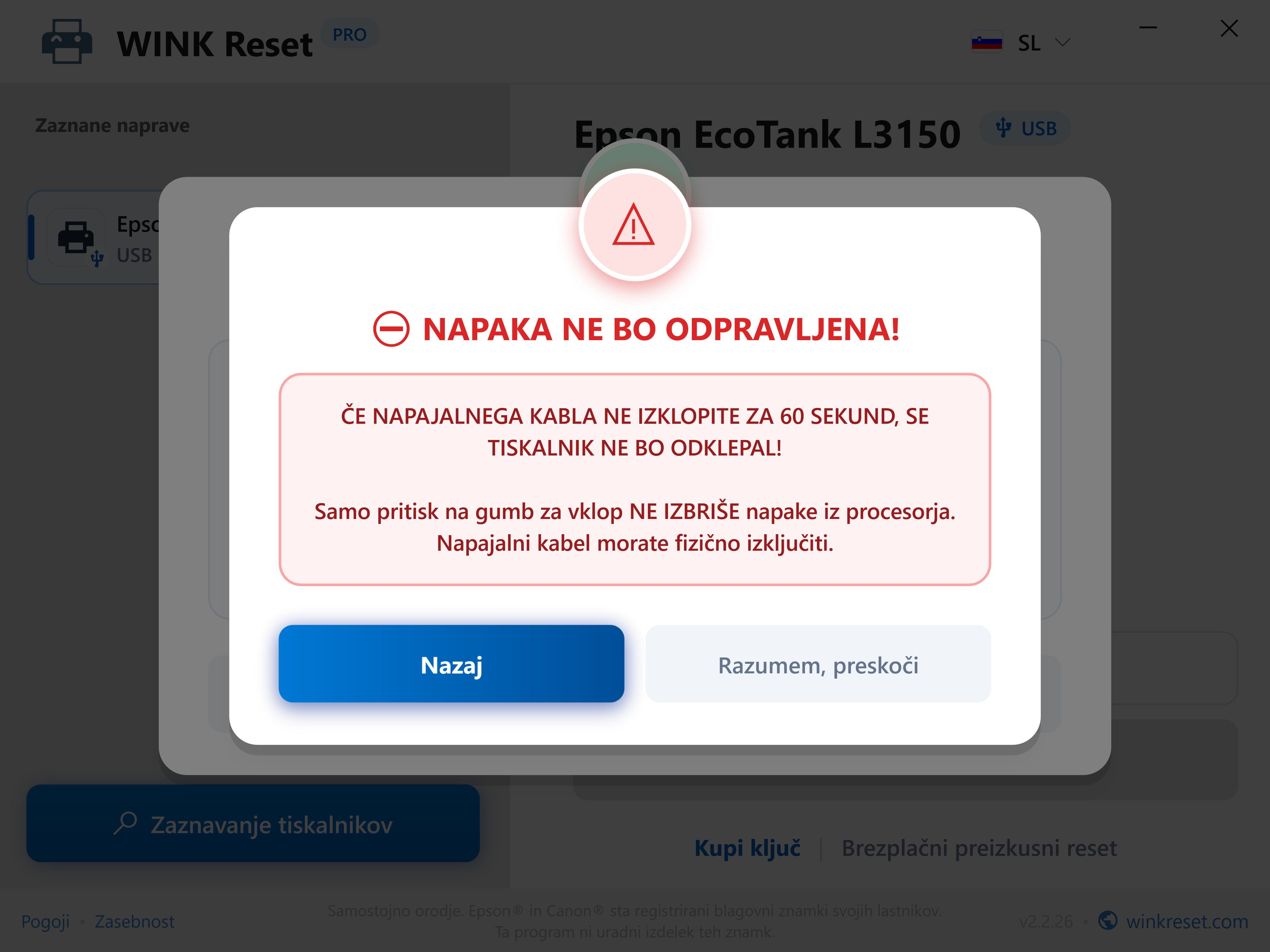 Zaščita pred prezgodnjo opustitvijo ponovnega zagona - WINK Reset PRO (SL)