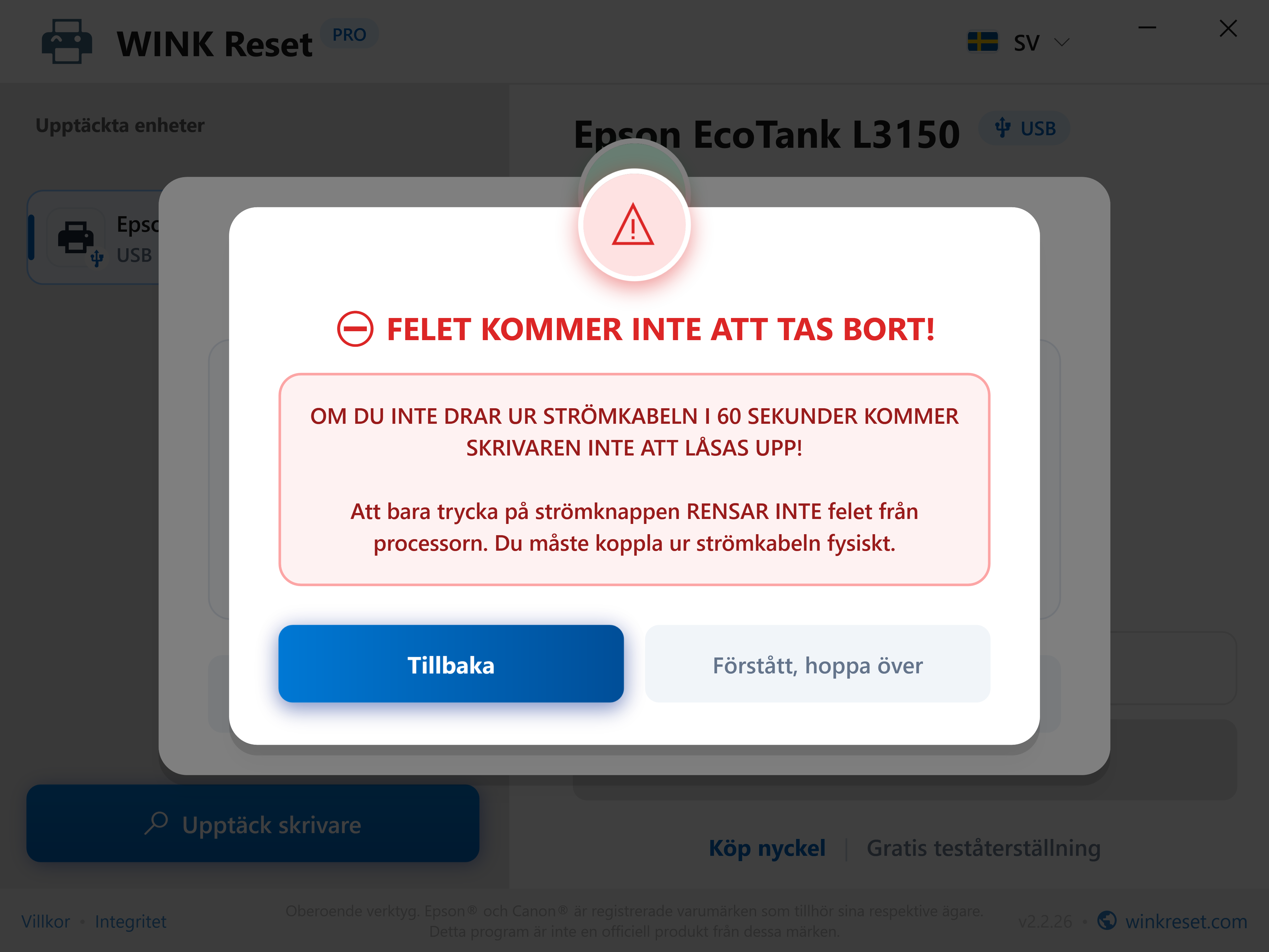 Skydd mot för tidigt avbrytande av omstartscykeln - WINK Reset PRO (SV)