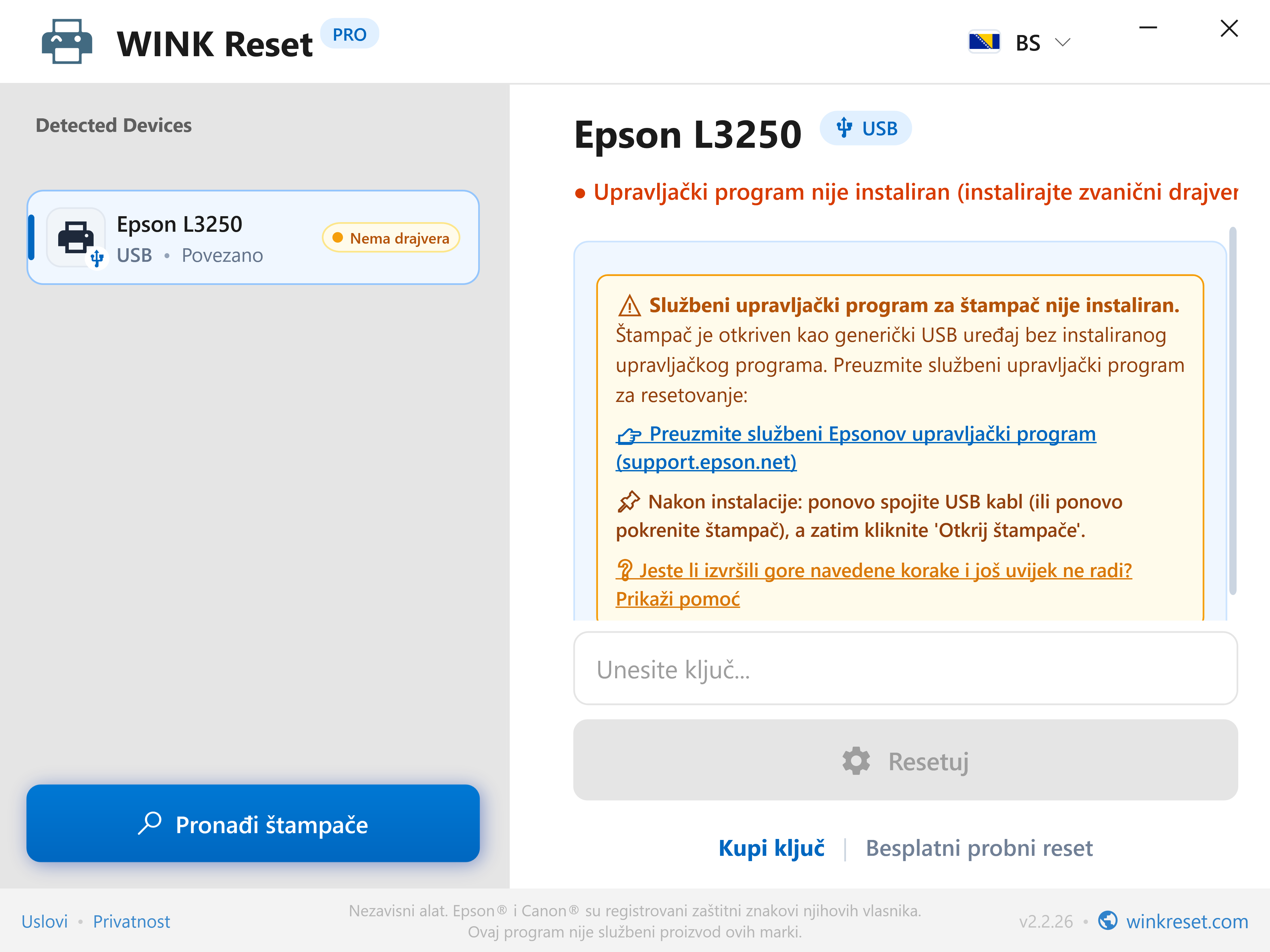 Inteligentno detektovanje nedostatka USB drajvera - WINK Reset PRO (BS)