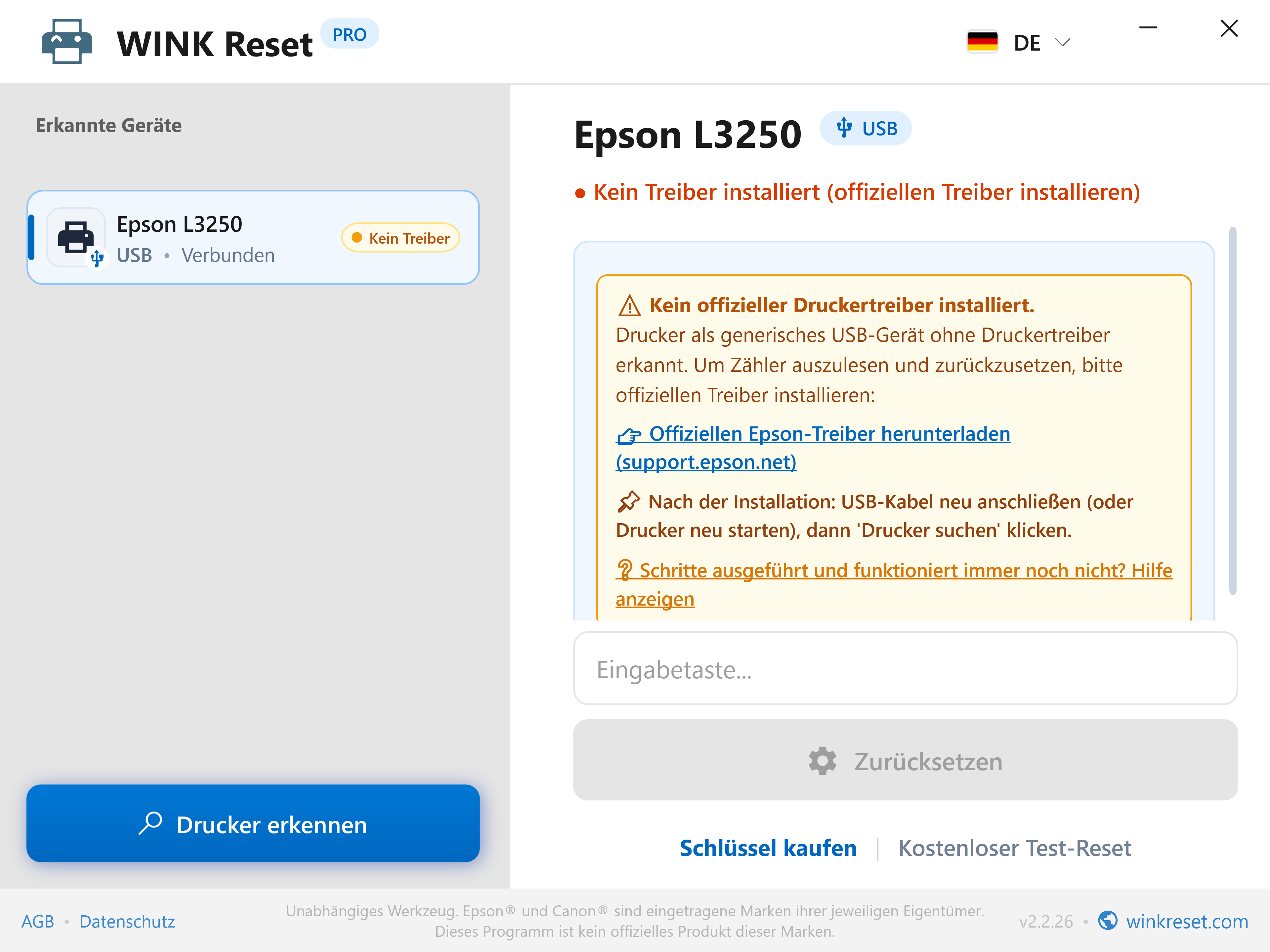 Intelligente USB-Treibererkennung - WINK Reset PRO (DE)