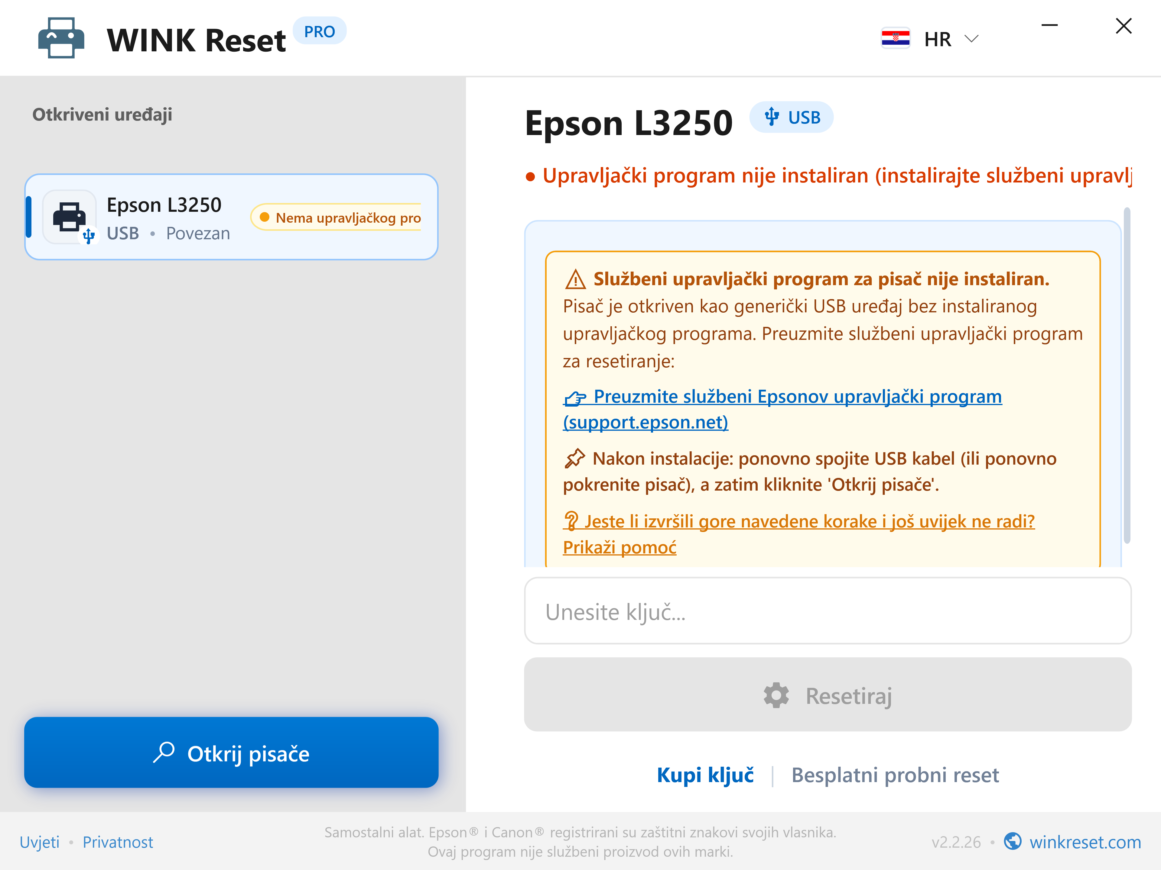 Inteligentno otkrivanje nedostatka USB upravljačkog programa - WINK Reset PRO (HR)