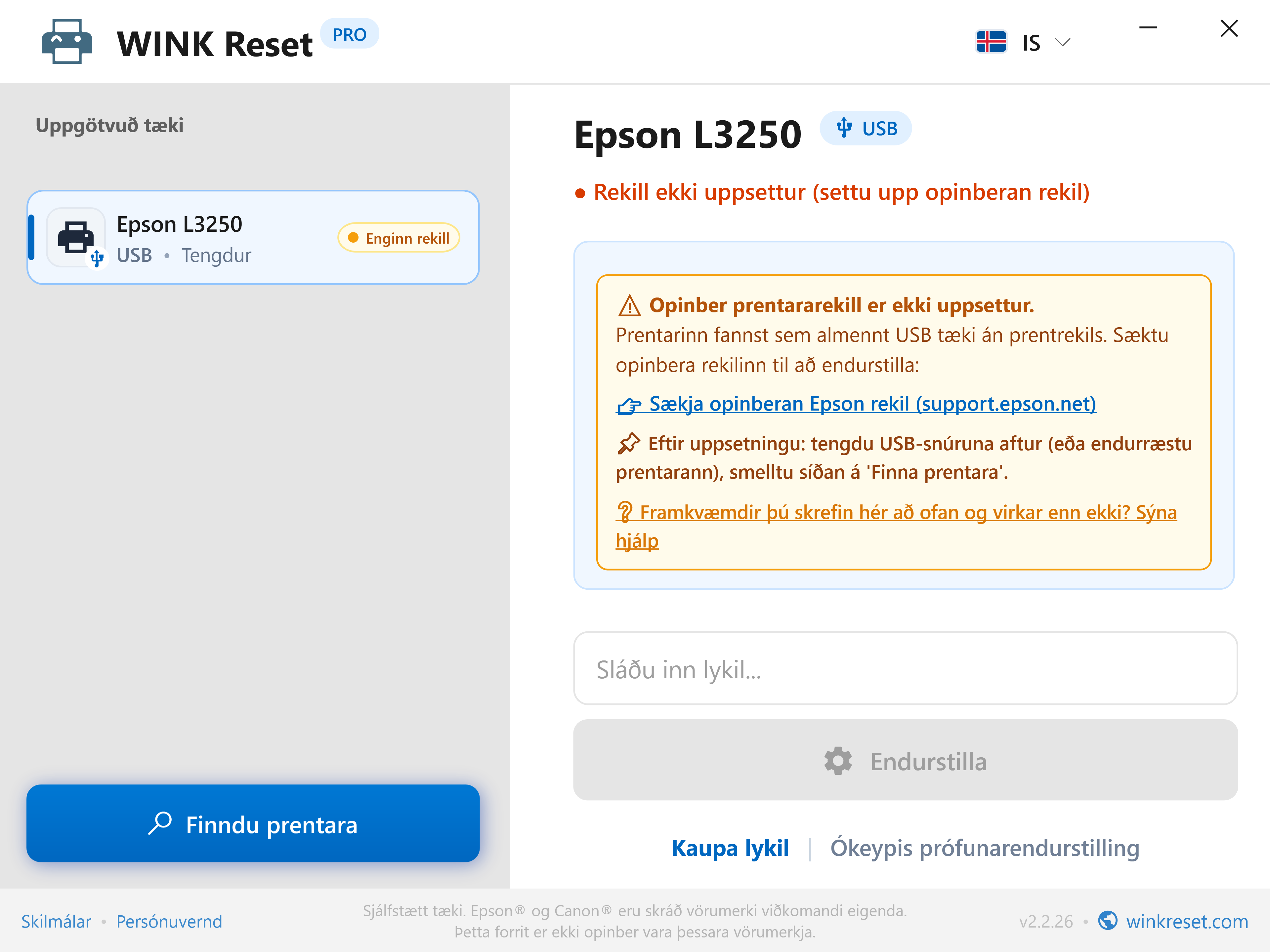 Snjöll greining á vöntun á USB-rekil prentara - WINK Reset PRO (IS)