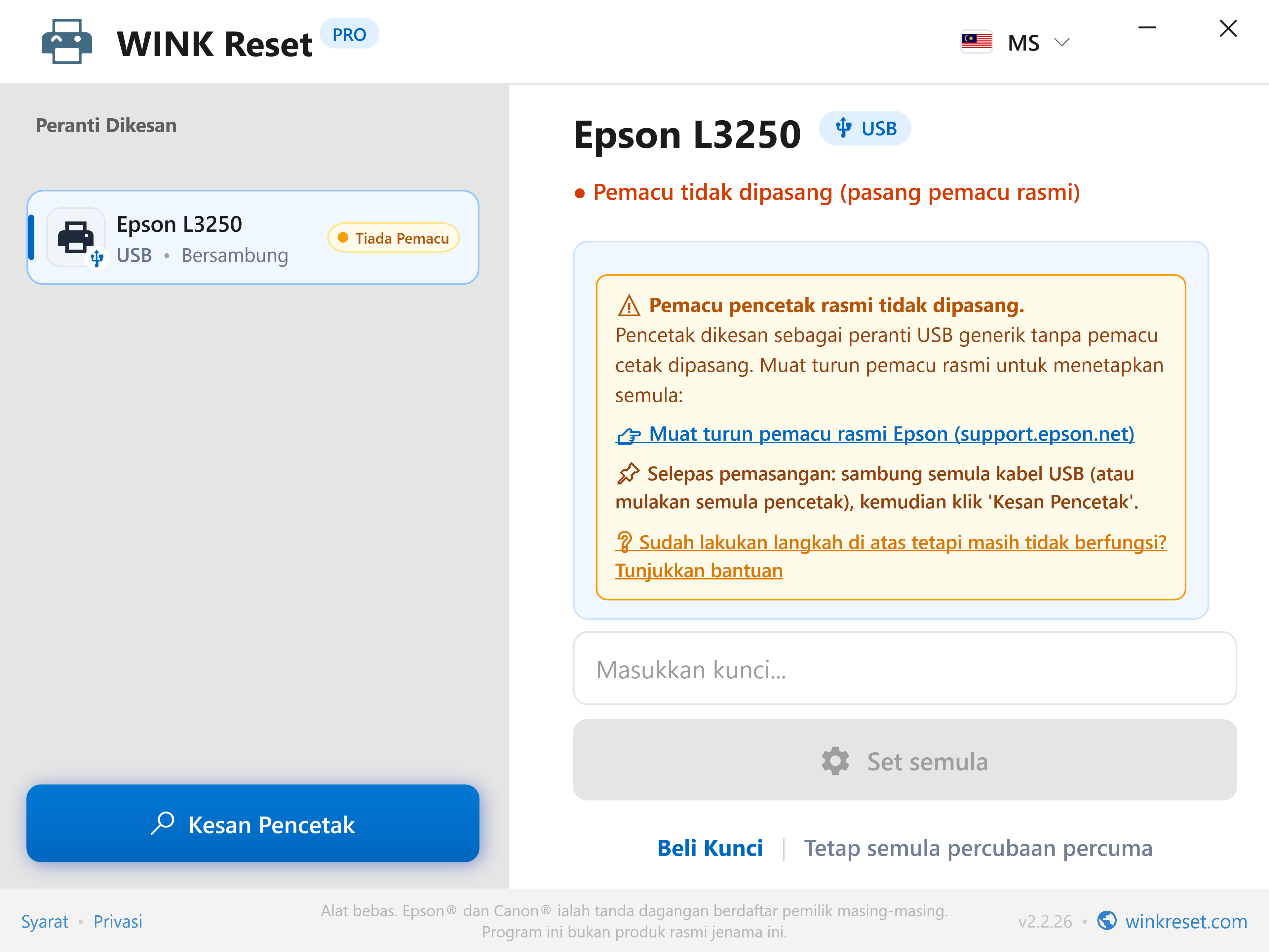 Pengesanan pintar pemacu pencetak USB yang hilang - WINK Reset PRO (MS)