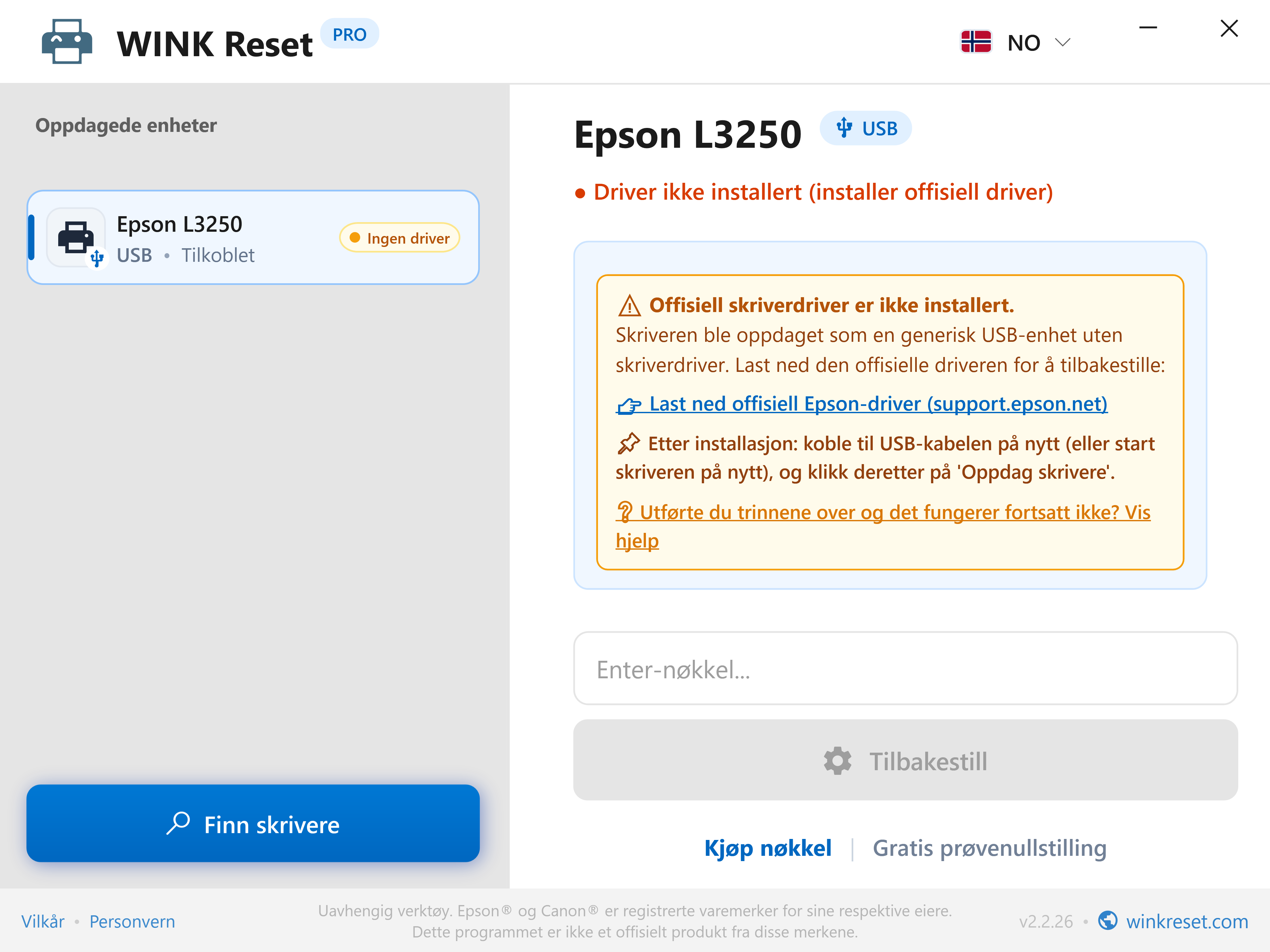 Intelligent registrering av manglende USB-skriverdriver - WINK Reset PRO (NO)