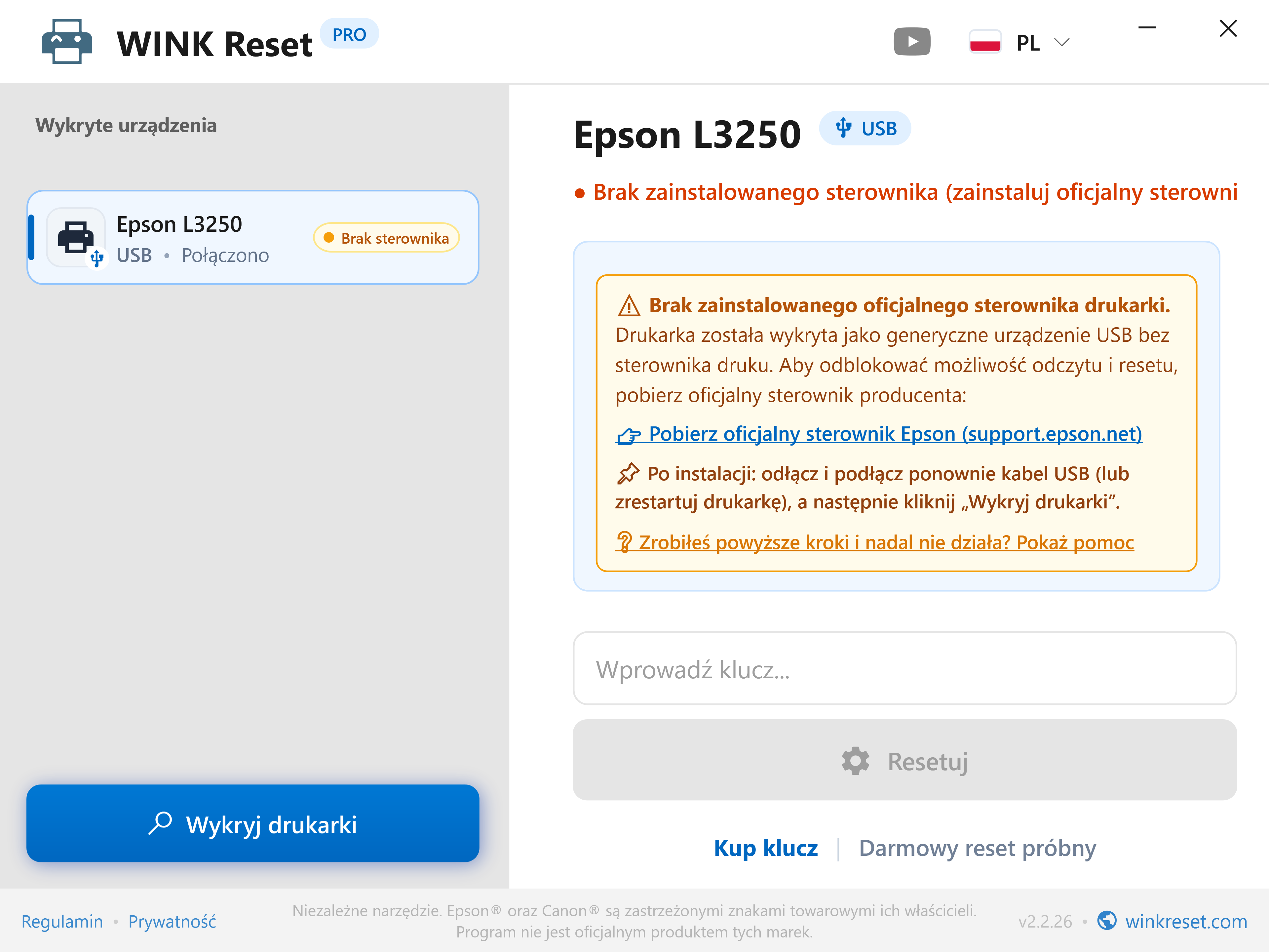 Inteligentne wykrywanie braku sterownika USB - WINK Reset PRO (PL)