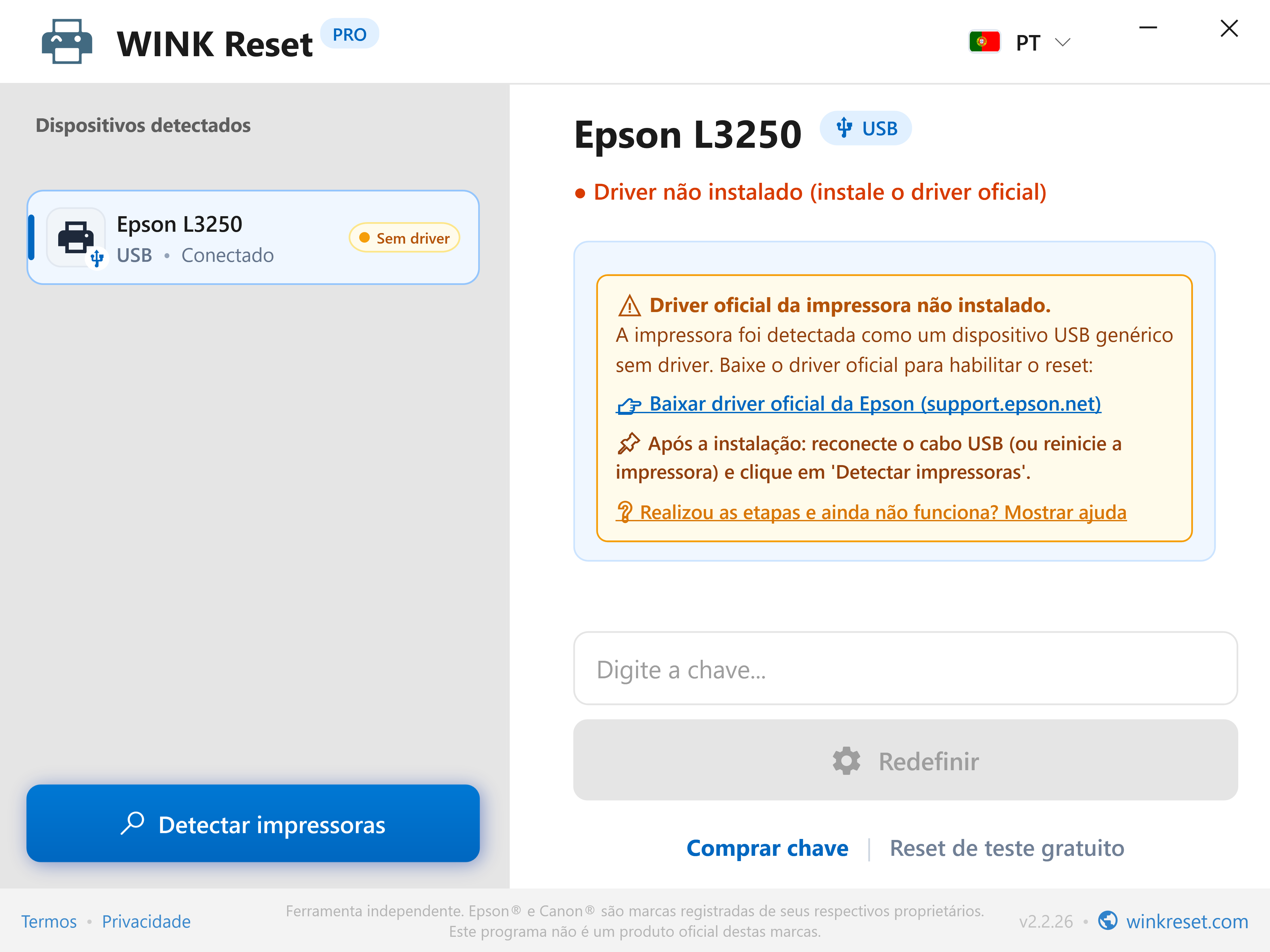Deteção inteligente de ausência de controlador USB - WINK Reset PRO (PT)