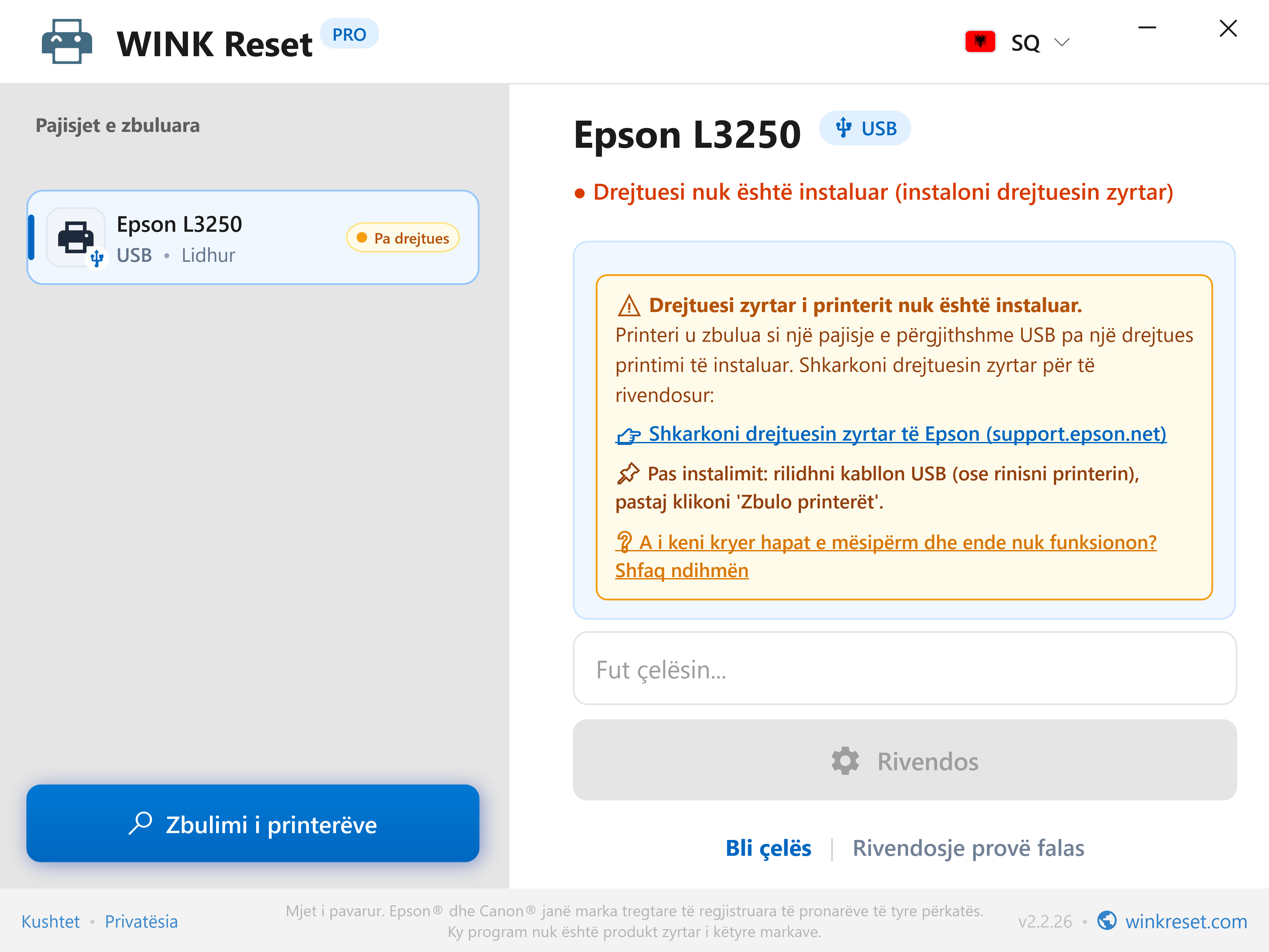 Zbulim inteligjent i mungesës së drejtuesit USB të printerit - WINK Reset PRO (SQ)