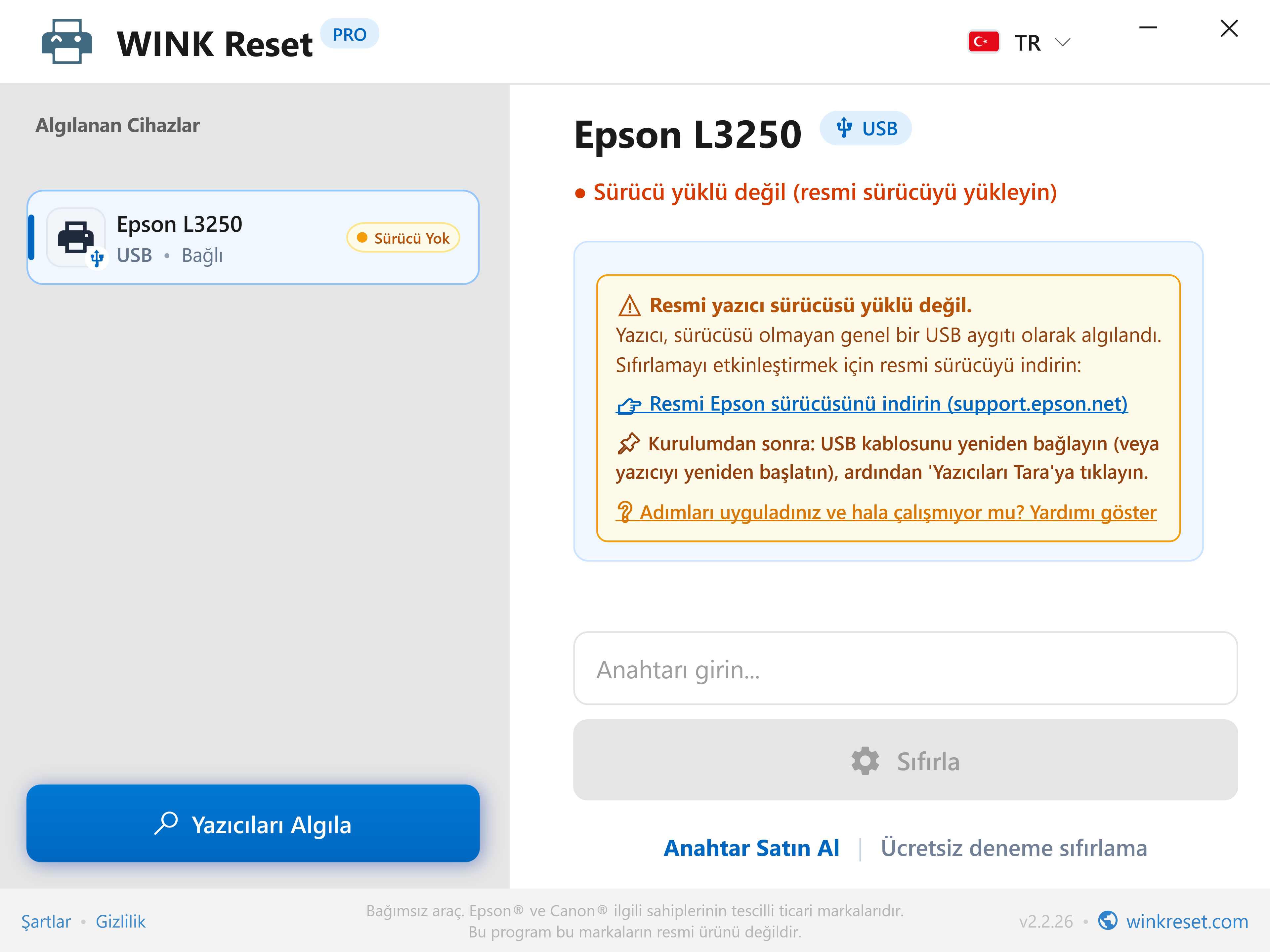 Eksik USB yazıcı sürücüsünün akıllı tespiti - WINK Reset PRO (TR)