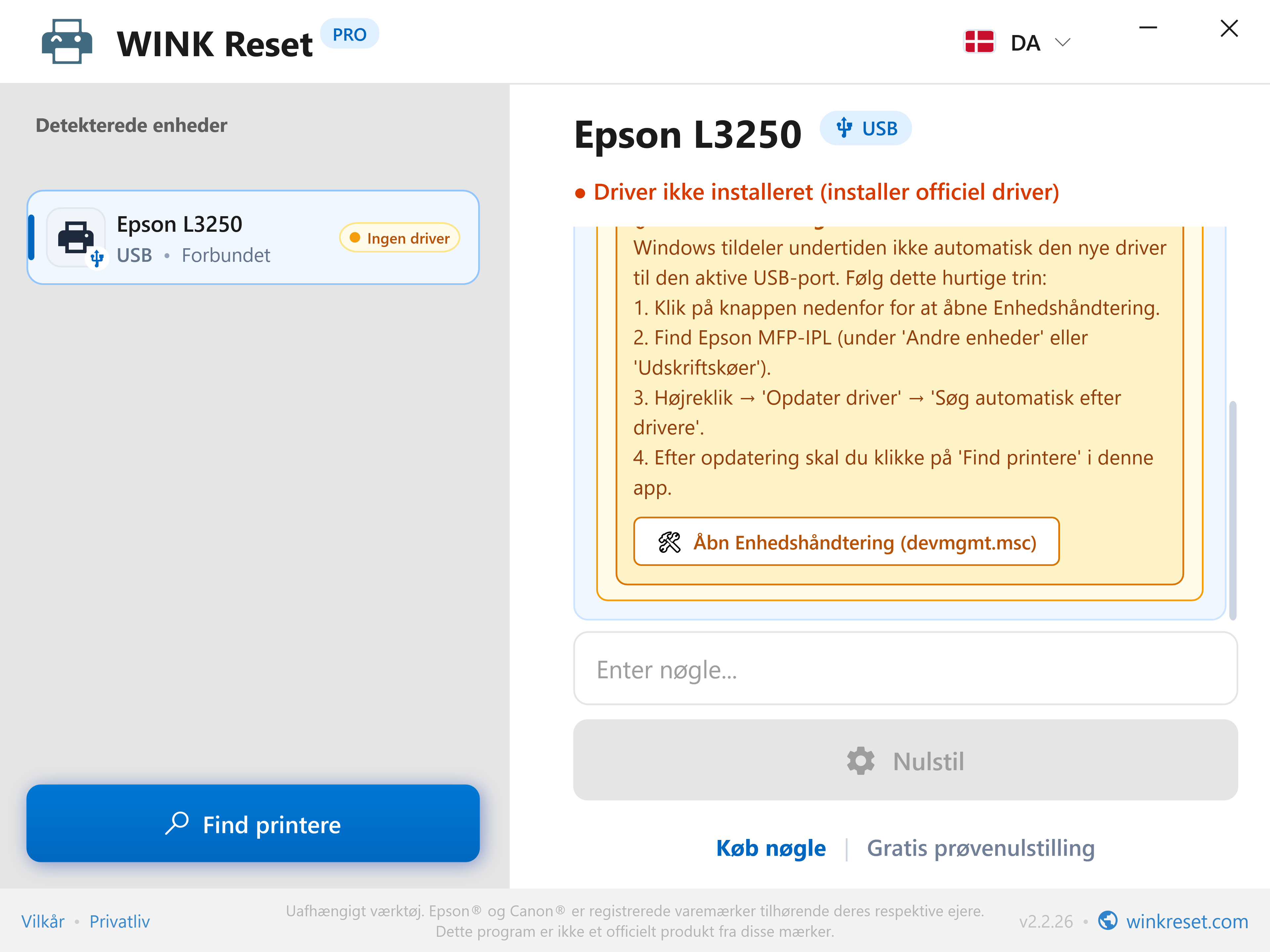 Indbygget guide til Enhedshåndtering - WINK Reset PRO (DA)