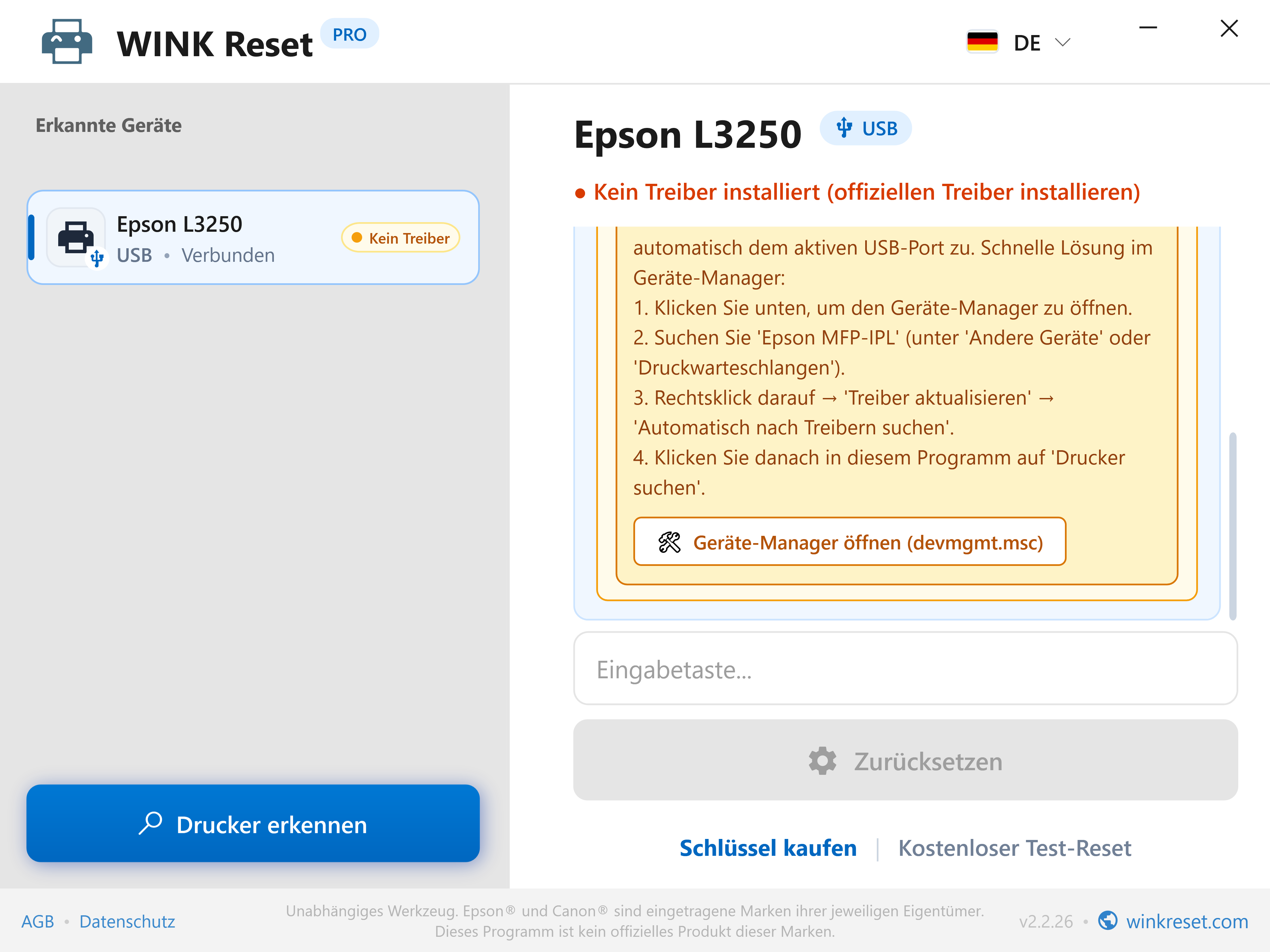 Integrierter Geräte-Manager-Assistent - WINK Reset PRO (DE)