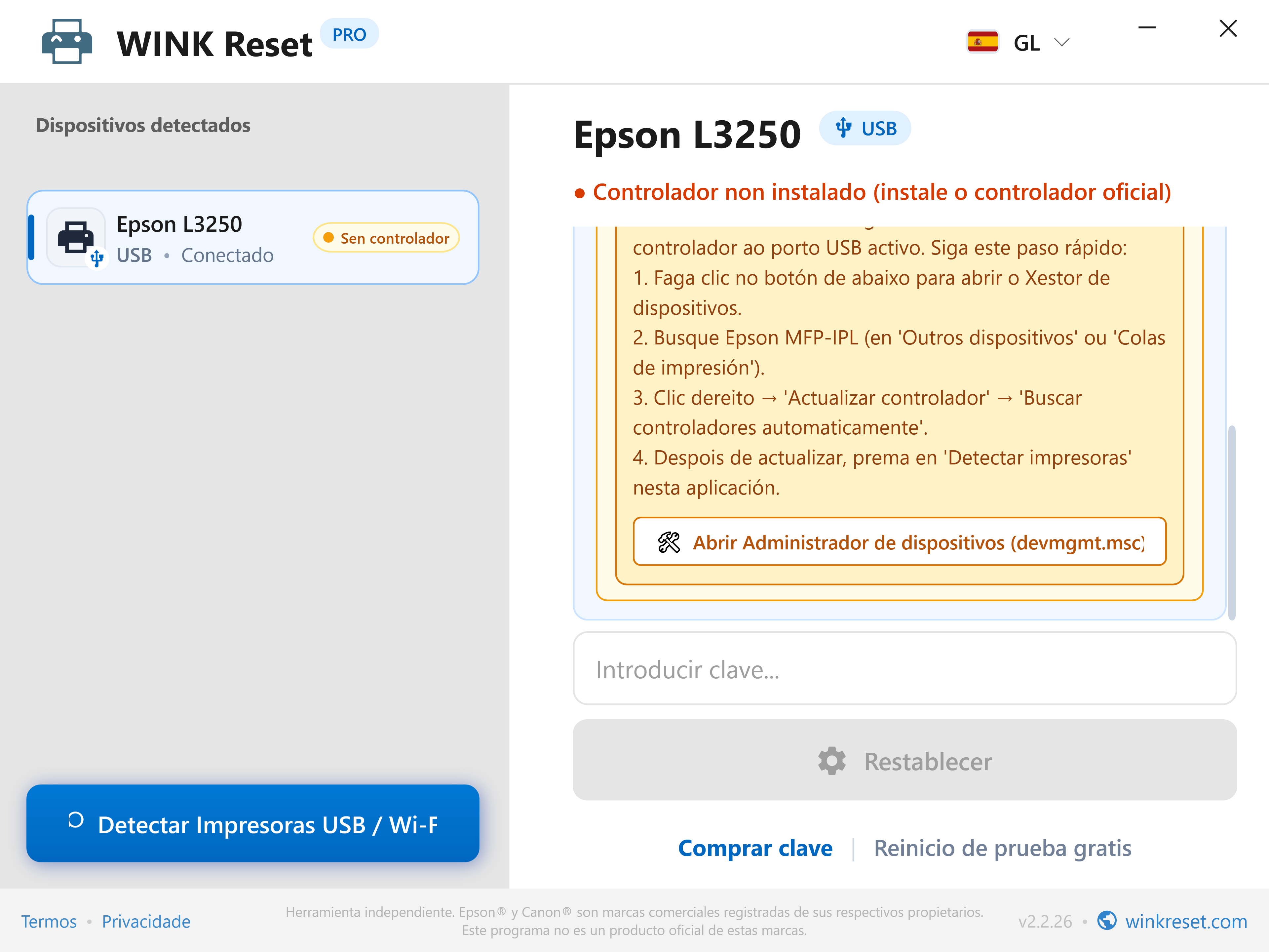 Guía integrada do Administrador de dispositivos - WINK Reset PRO (GL)