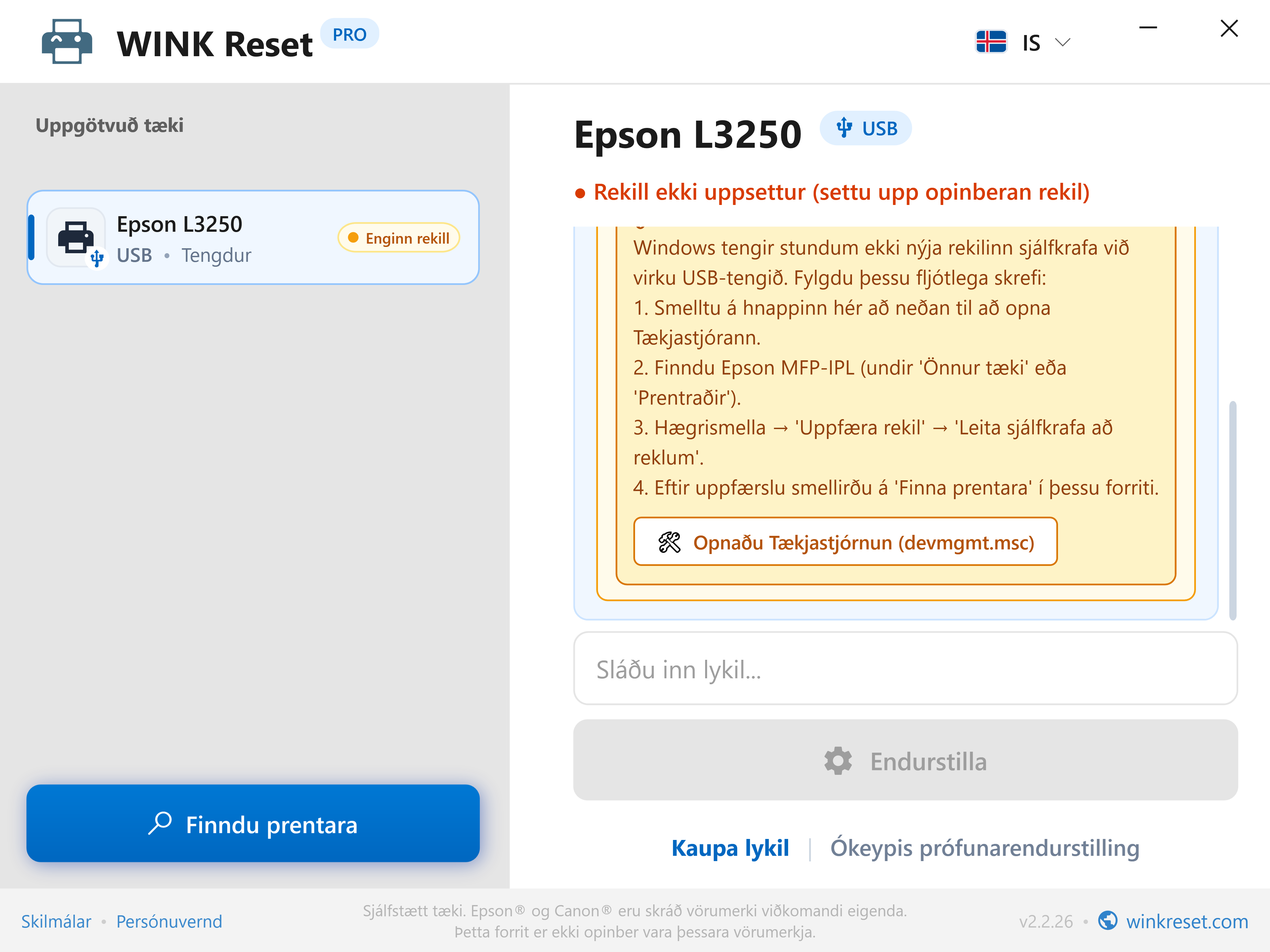 Innbyggður leiðarvísir fyrir Tækjastjórnun - WINK Reset PRO (IS)