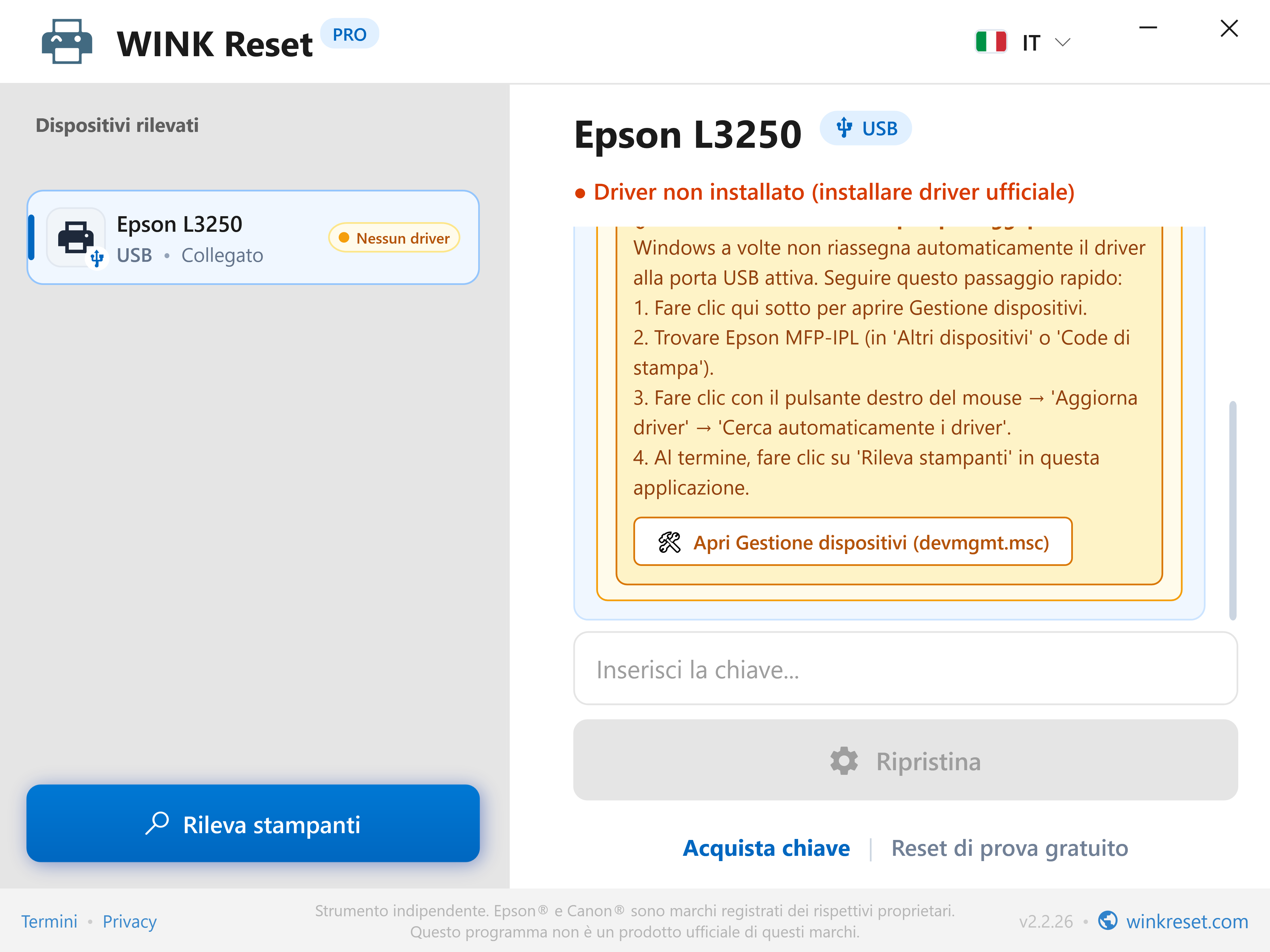 Guida integrata a Gestione dispositivi - WINK Reset PRO (IT)