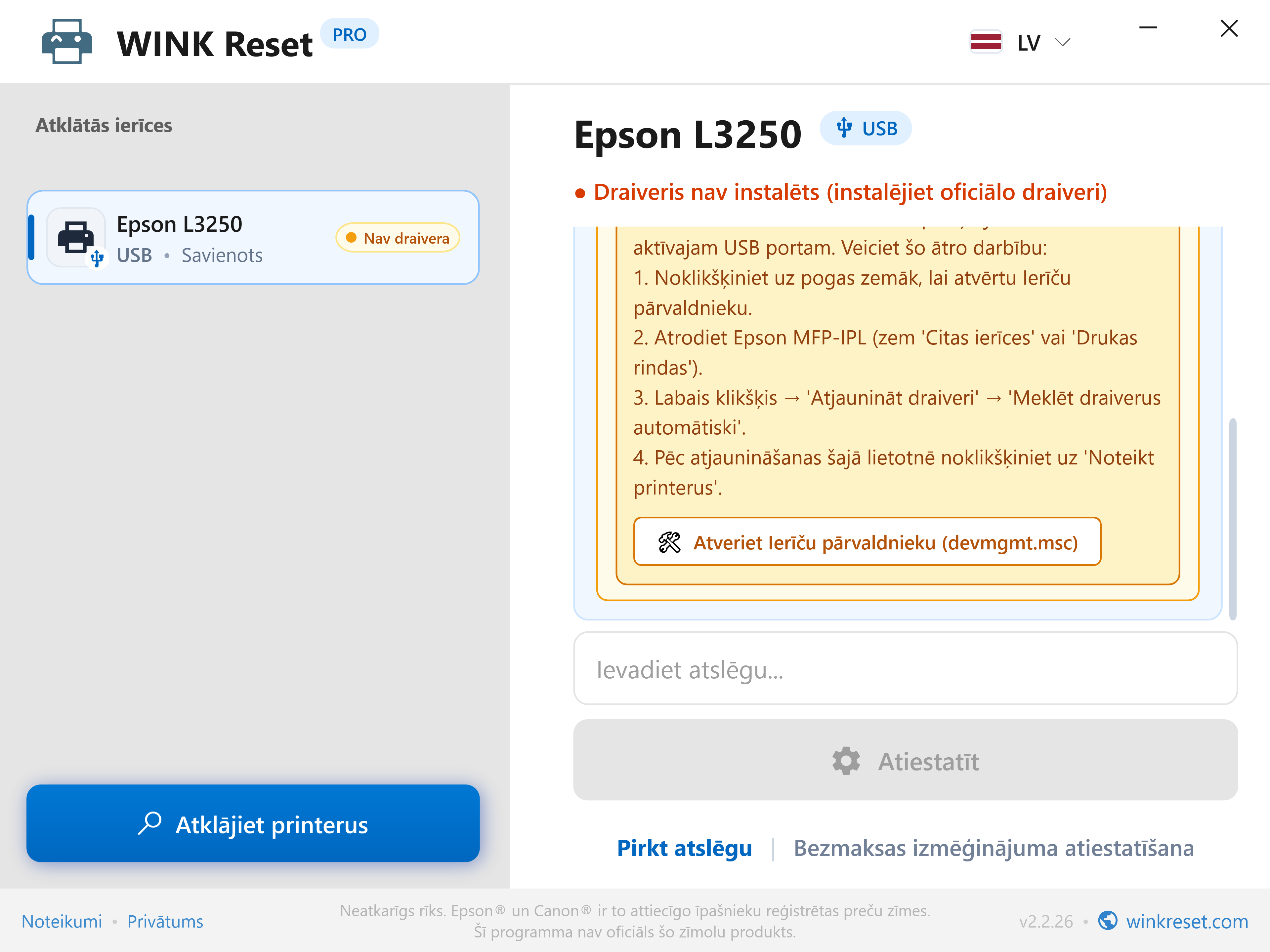 Iebūvēts Ierīču pārvaldnieka ceļvedis - WINK Reset PRO (LV)