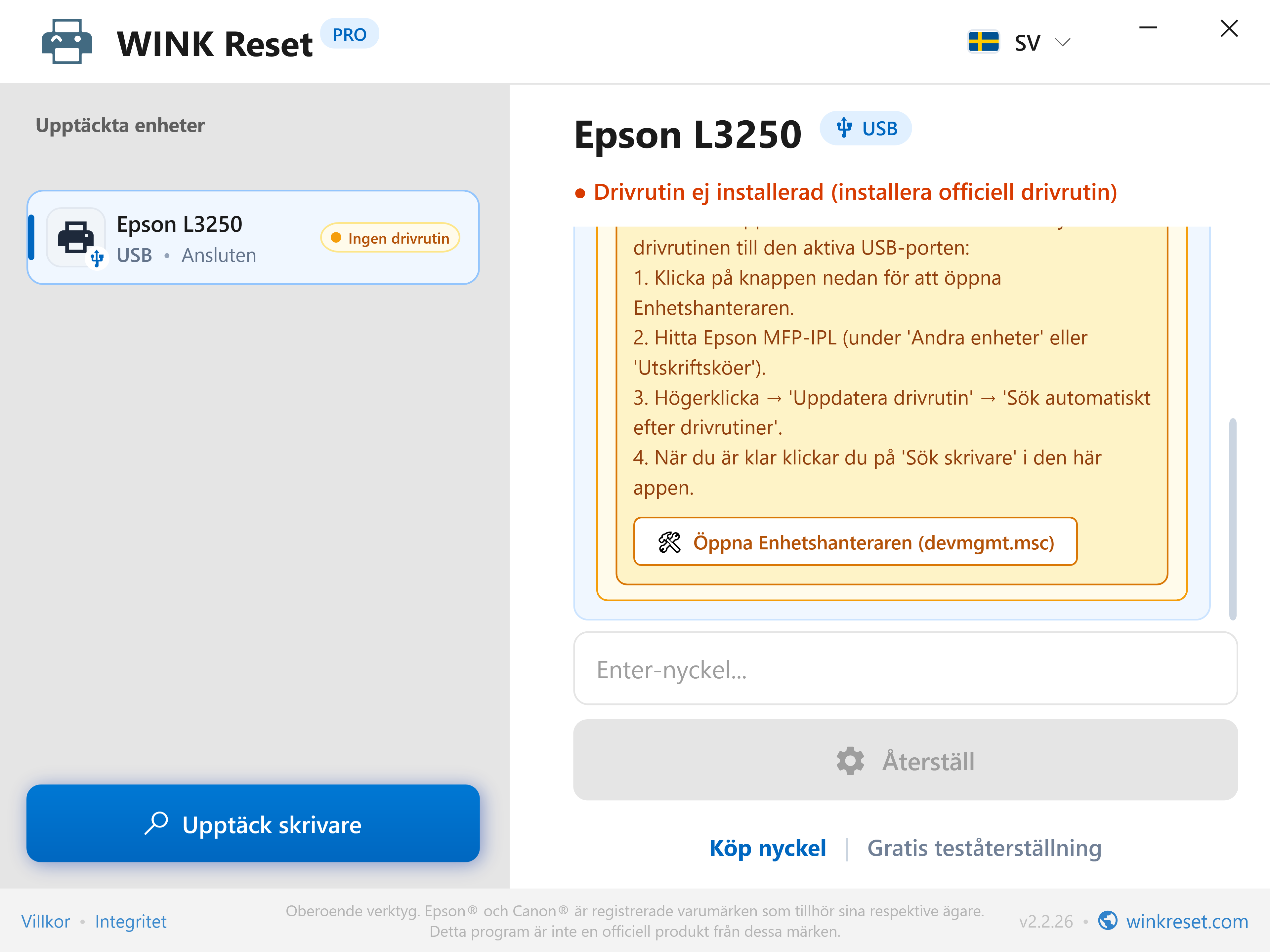 Inbyggd guide för Enhetshanteraren - WINK Reset PRO (SV)