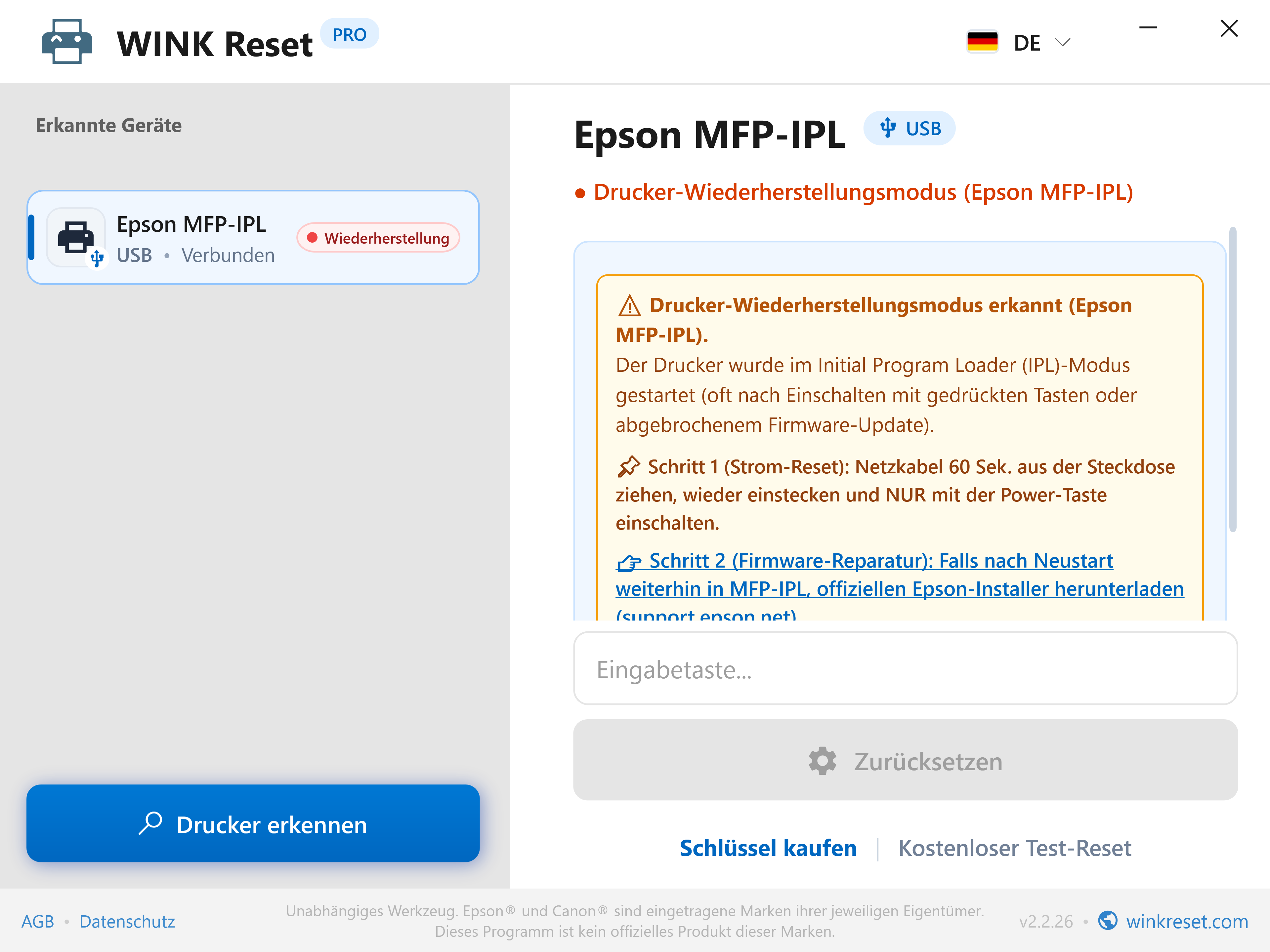 Notfall-Bootloader-Assistent (Epson MFP-IPL) - WINK Reset PRO (DE)