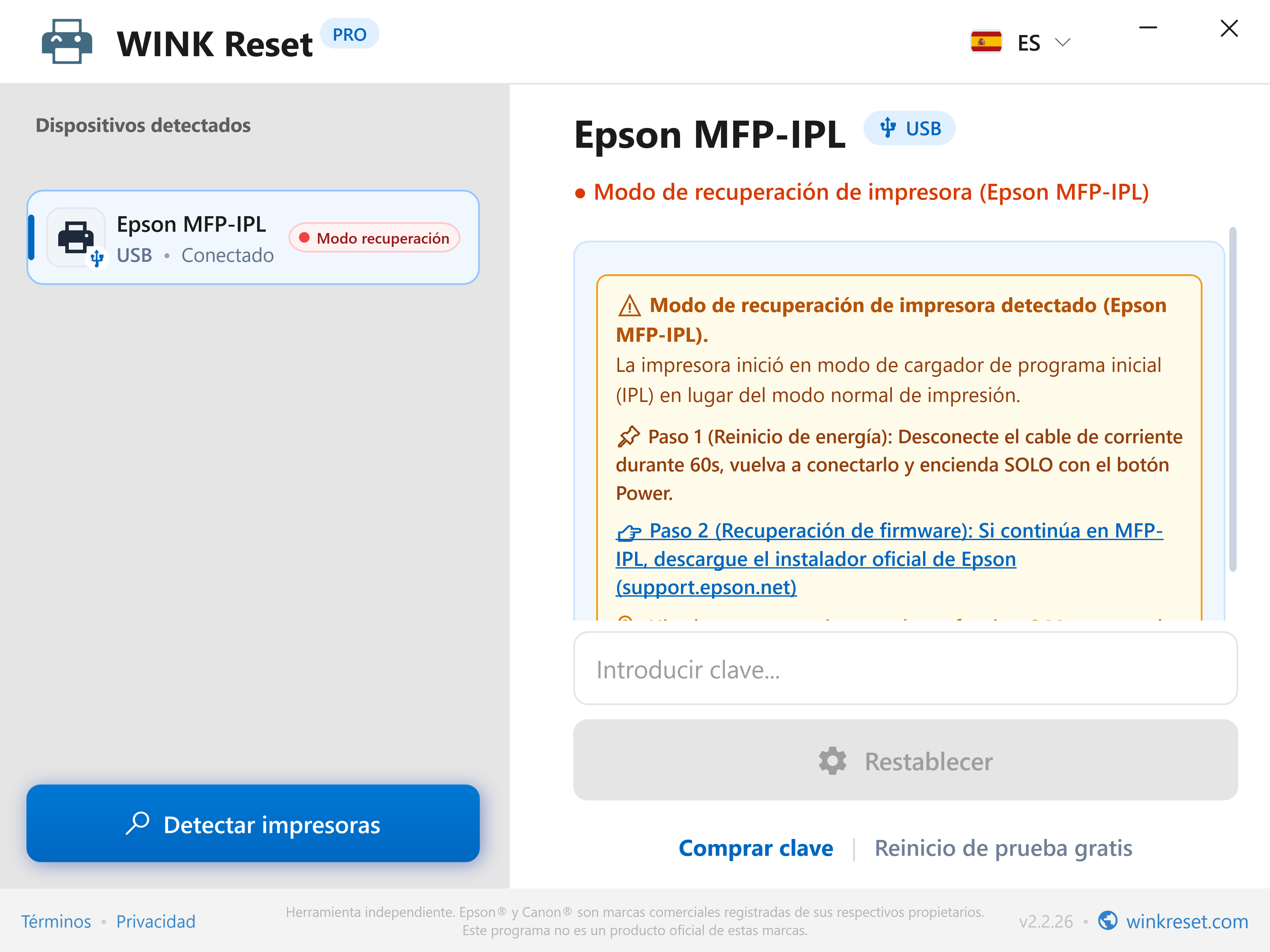 Asistente para modo bootloader de emergencia (Epson MFP-IPL) - WINK Reset PRO (ES)