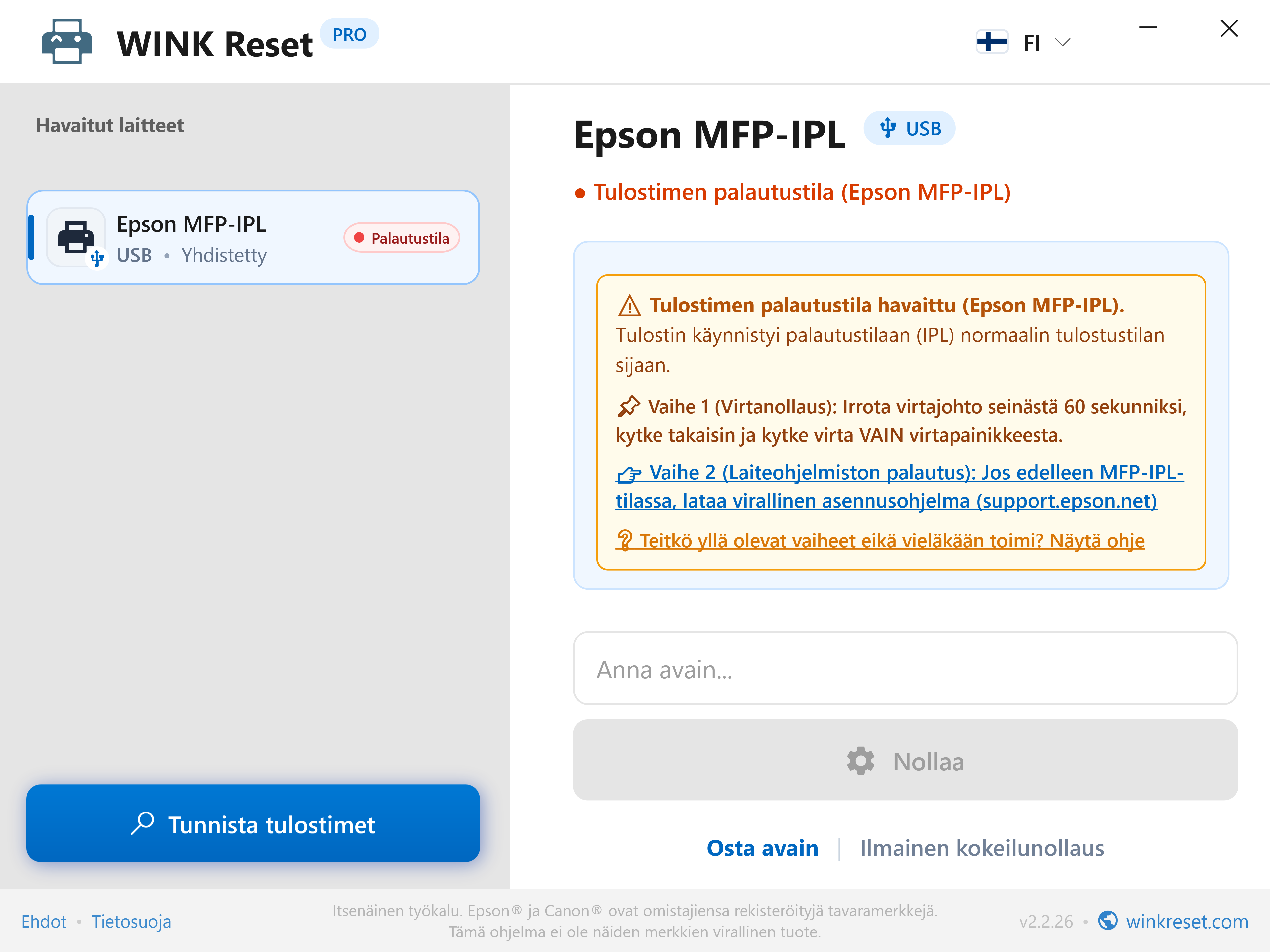 Hätätilan käynnistyslataimen avustaja (Epson MFP-IPL) - WINK Reset PRO (FI)