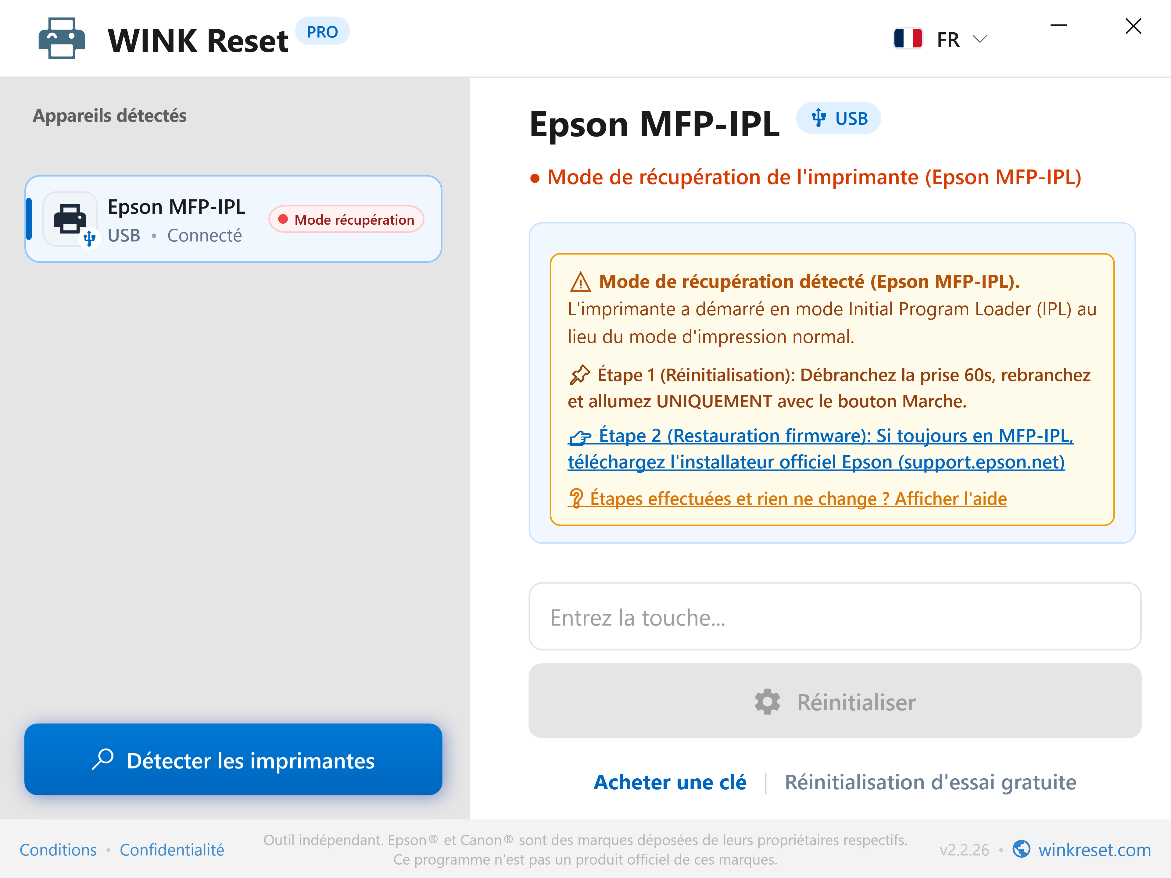 Assistant mode bootloader d'urgence (Epson MFP-IPL) - WINK Reset PRO (FR)