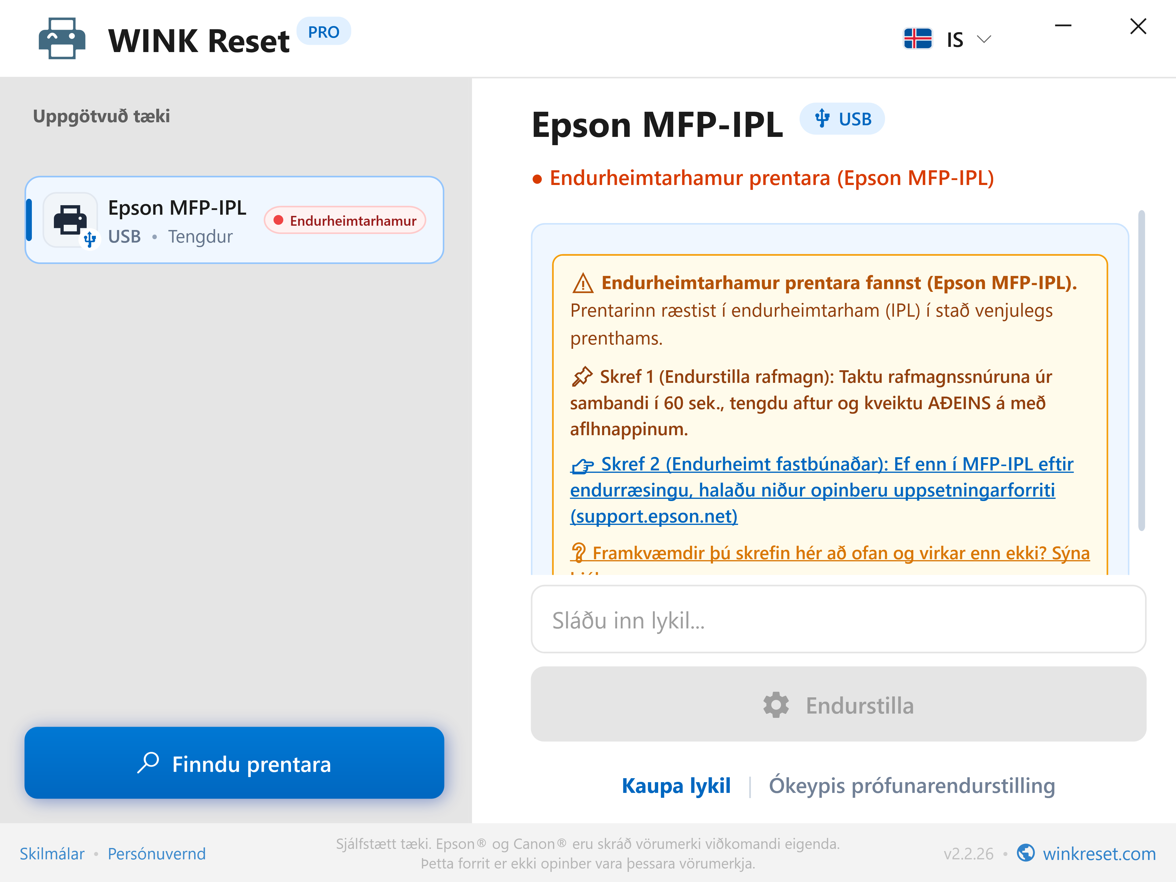 Neyðaraðstoð fyrir ræsistjóra (Epson MFP-IPL) - WINK Reset PRO (IS)