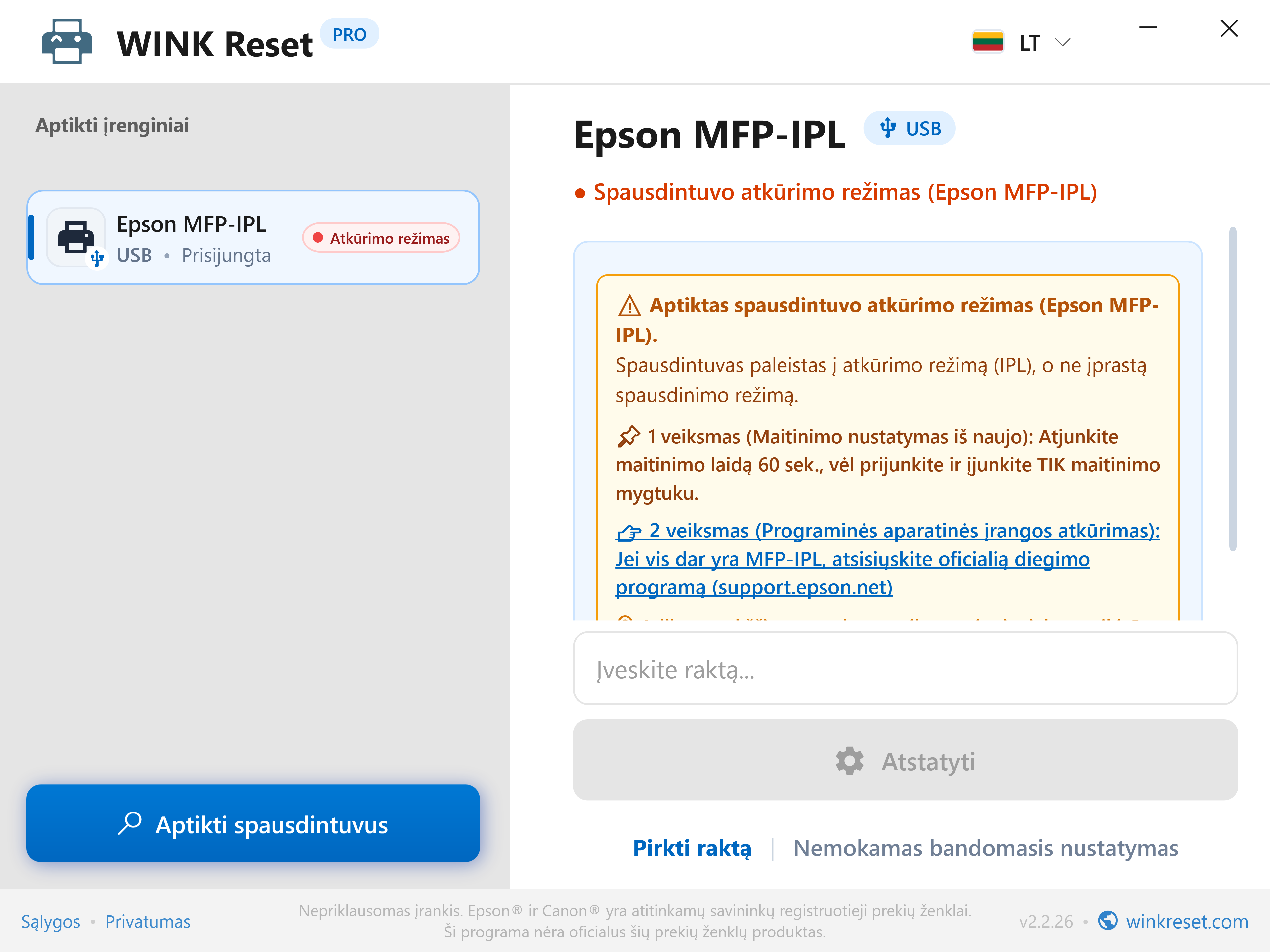 Avarinio paleidiklio režimo asistentas (Epson MFP-IPL) - WINK Reset PRO (LT)
