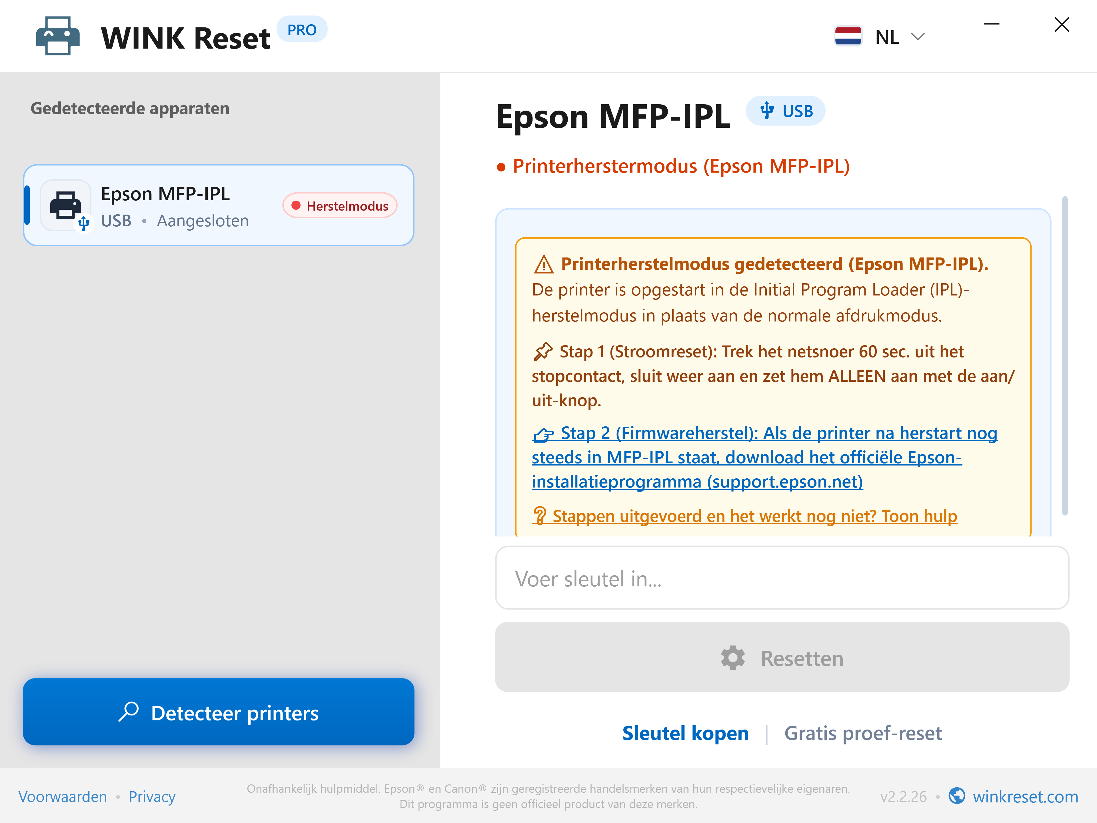 Noodassistent voor bootloader-modus (Epson MFP-IPL) - WINK Reset PRO (NL)