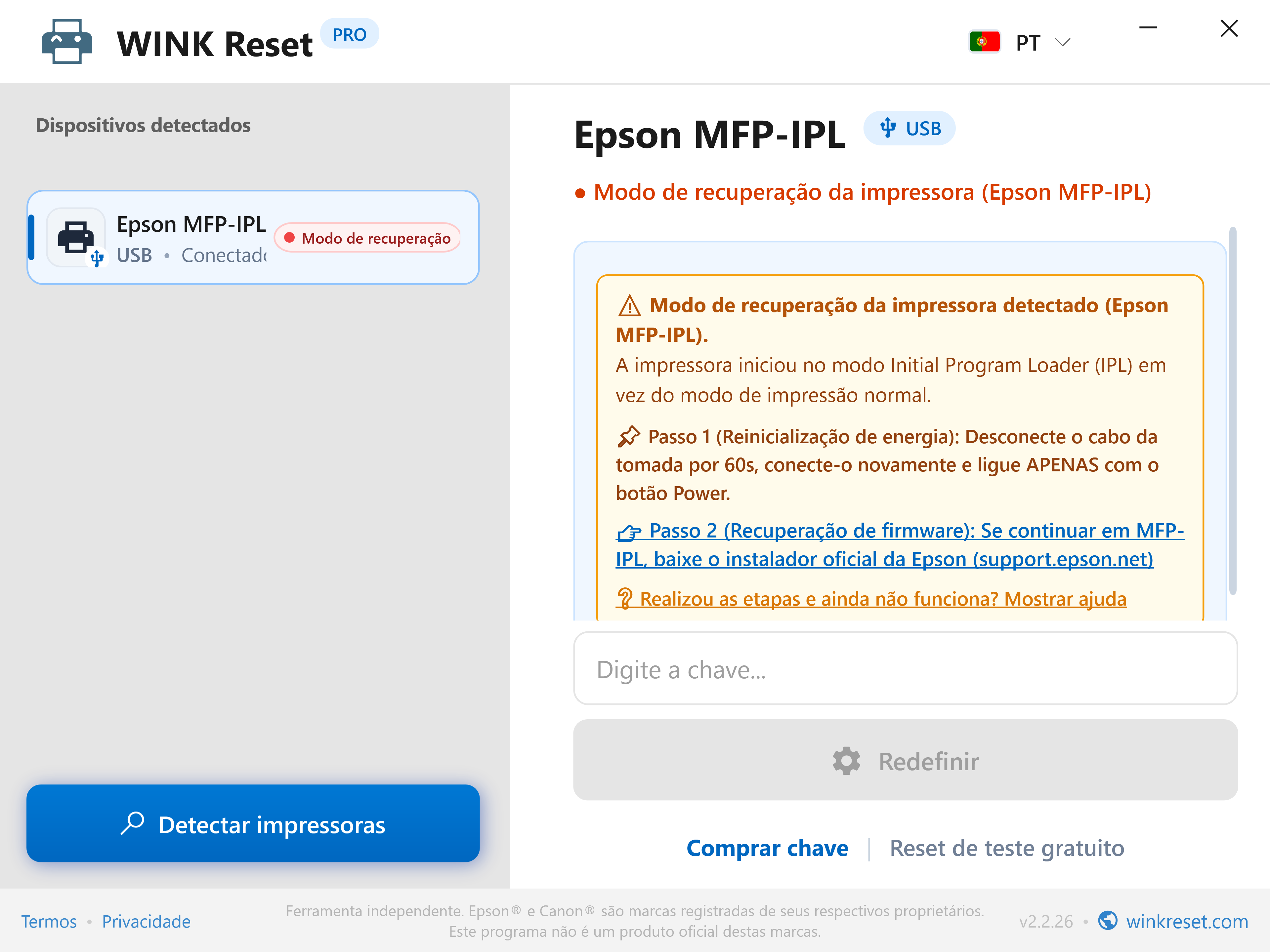 Assistente de modo bootloader de emergência (Epson MFP-IPL) - WINK Reset PRO (PT)