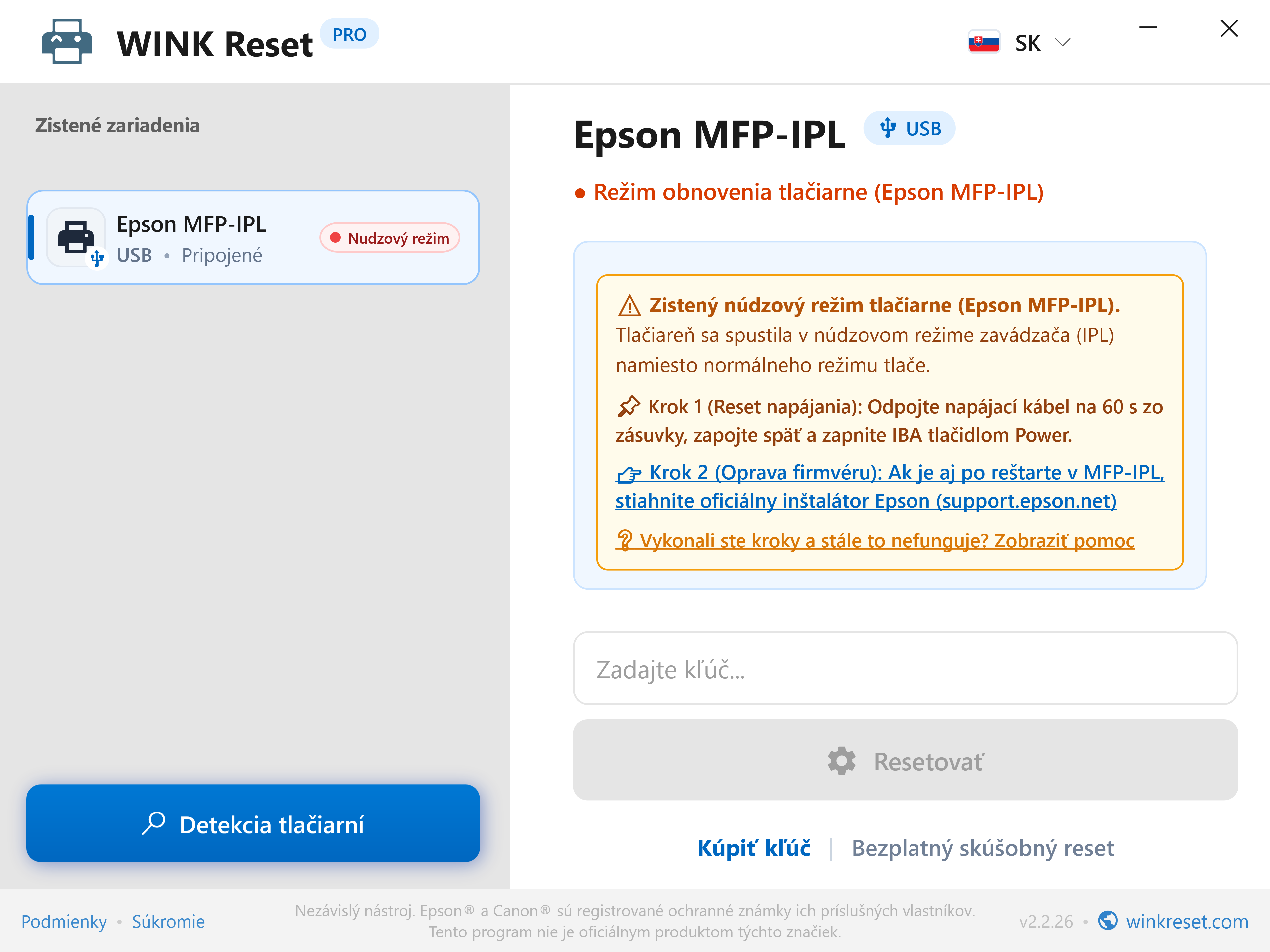 Asistent núdzového režimu bootloadera (Epson MFP-IPL) - WINK Reset PRO (SK)