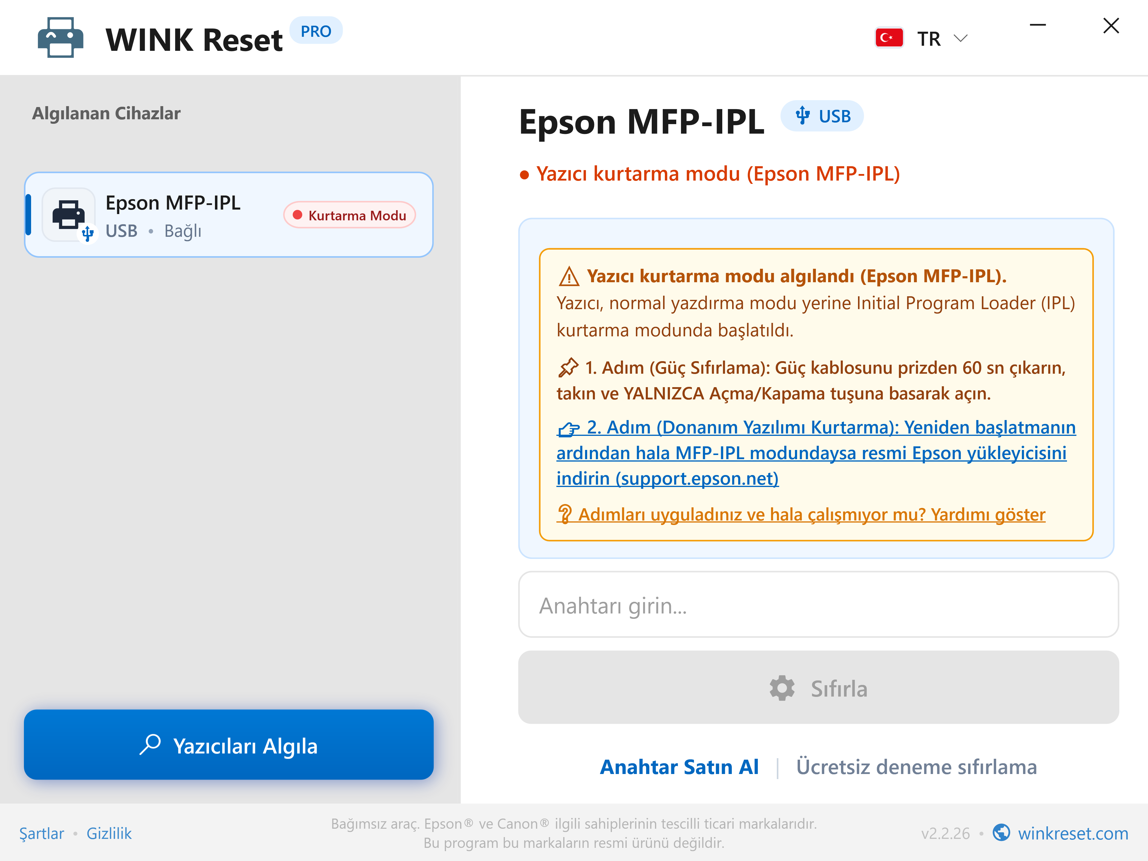 Acil durum bootloader asistanı (Epson MFP-IPL) - WINK Reset PRO (TR)