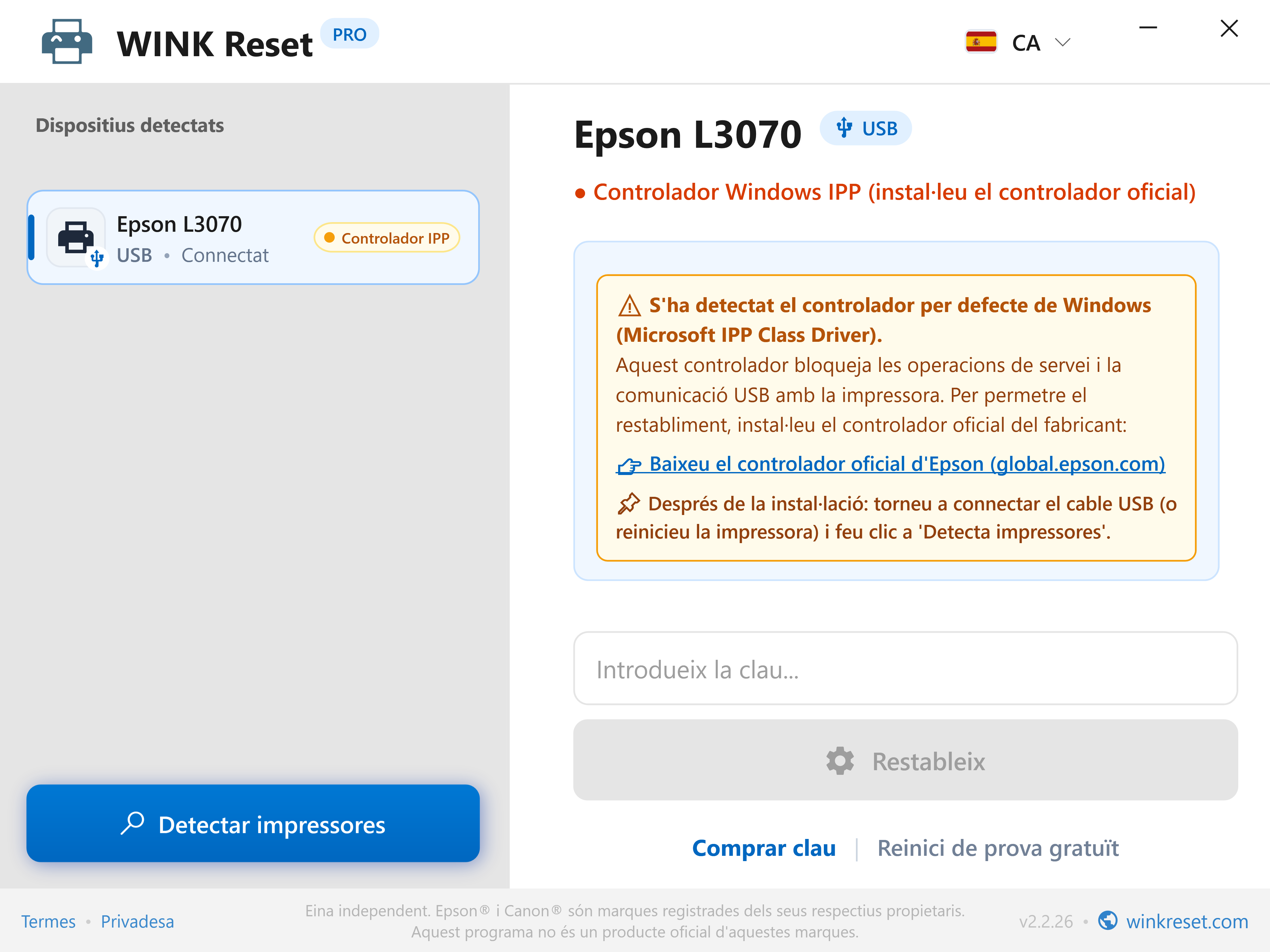 Avís de comunicació: Bloqueig per Microsoft IPP Class Driver - WINK Reset PRO (CA)