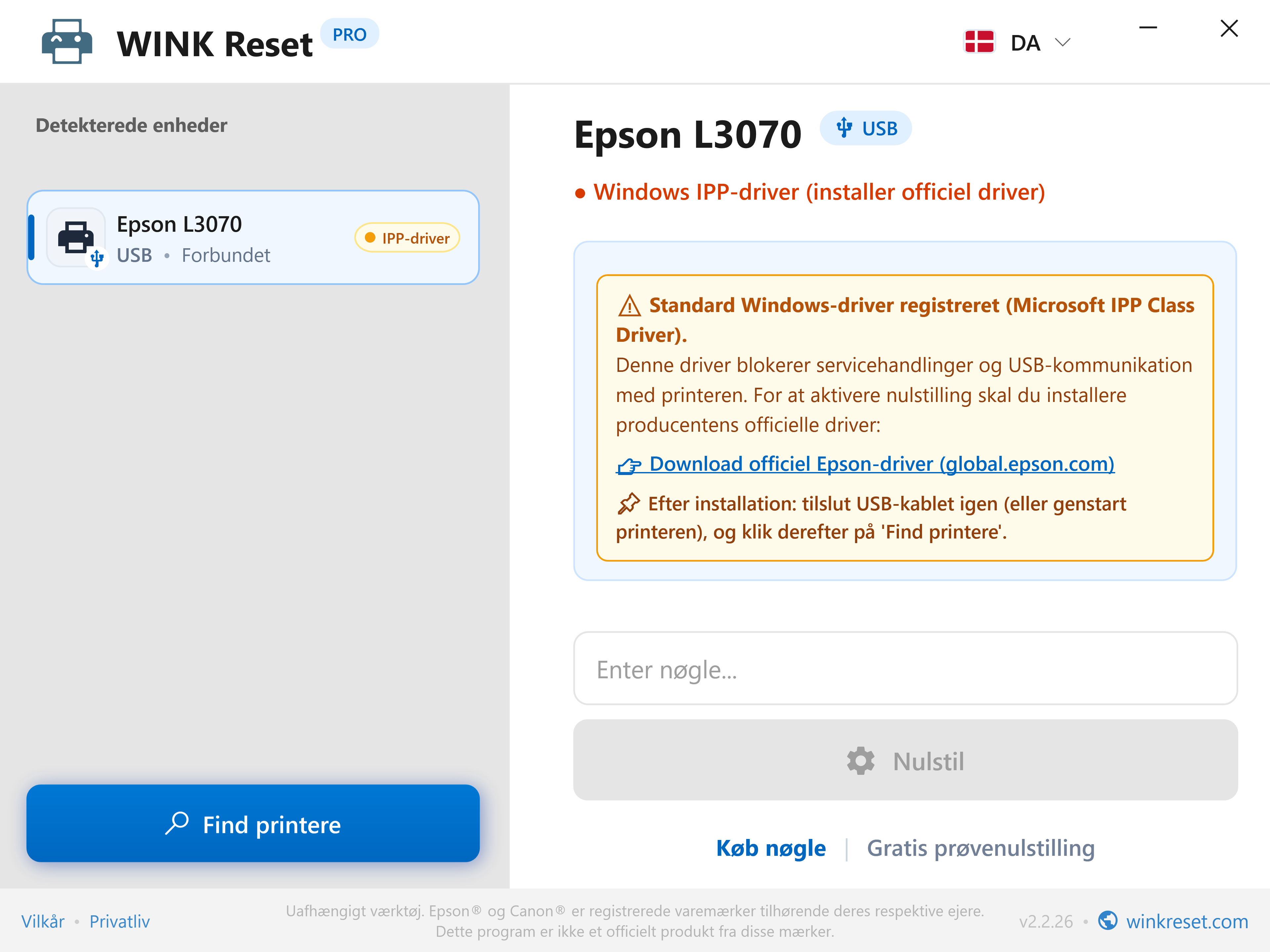 Kommunikationsadvarsel: Microsoft IPP Class Driver - WINK Reset PRO (DA)