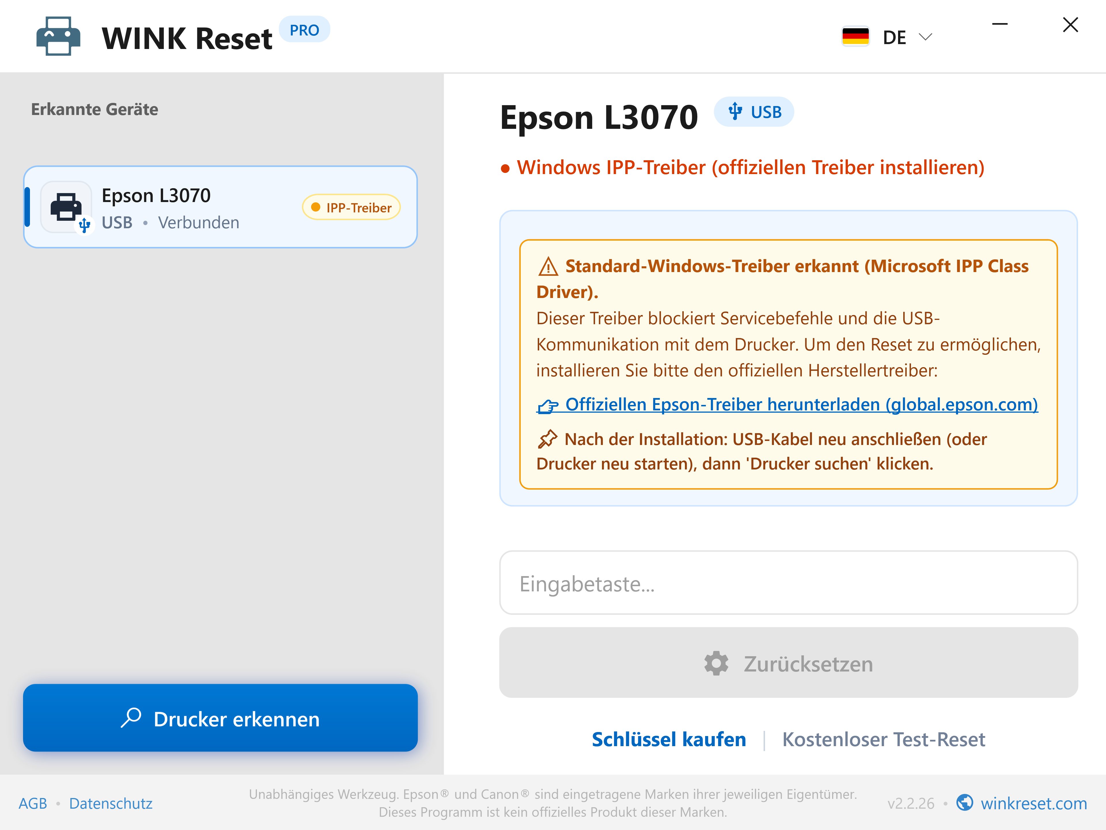 Erkennung von Blockaden durch Microsoft IPP Class Driver - WINK Reset PRO (DE)
