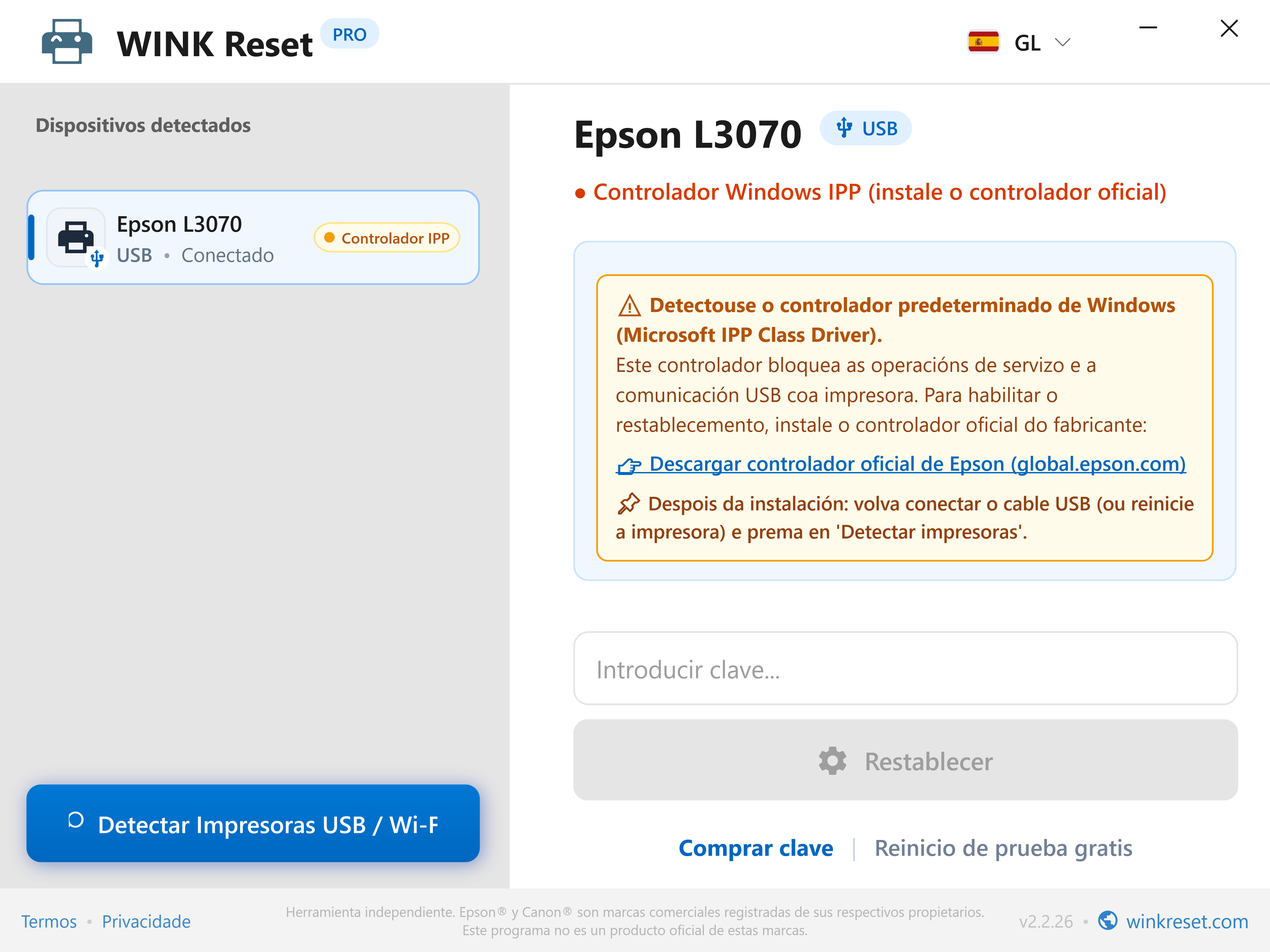 Aviso de comunicación: Bloqueo por Microsoft IPP Class Driver - WINK Reset PRO (GL)