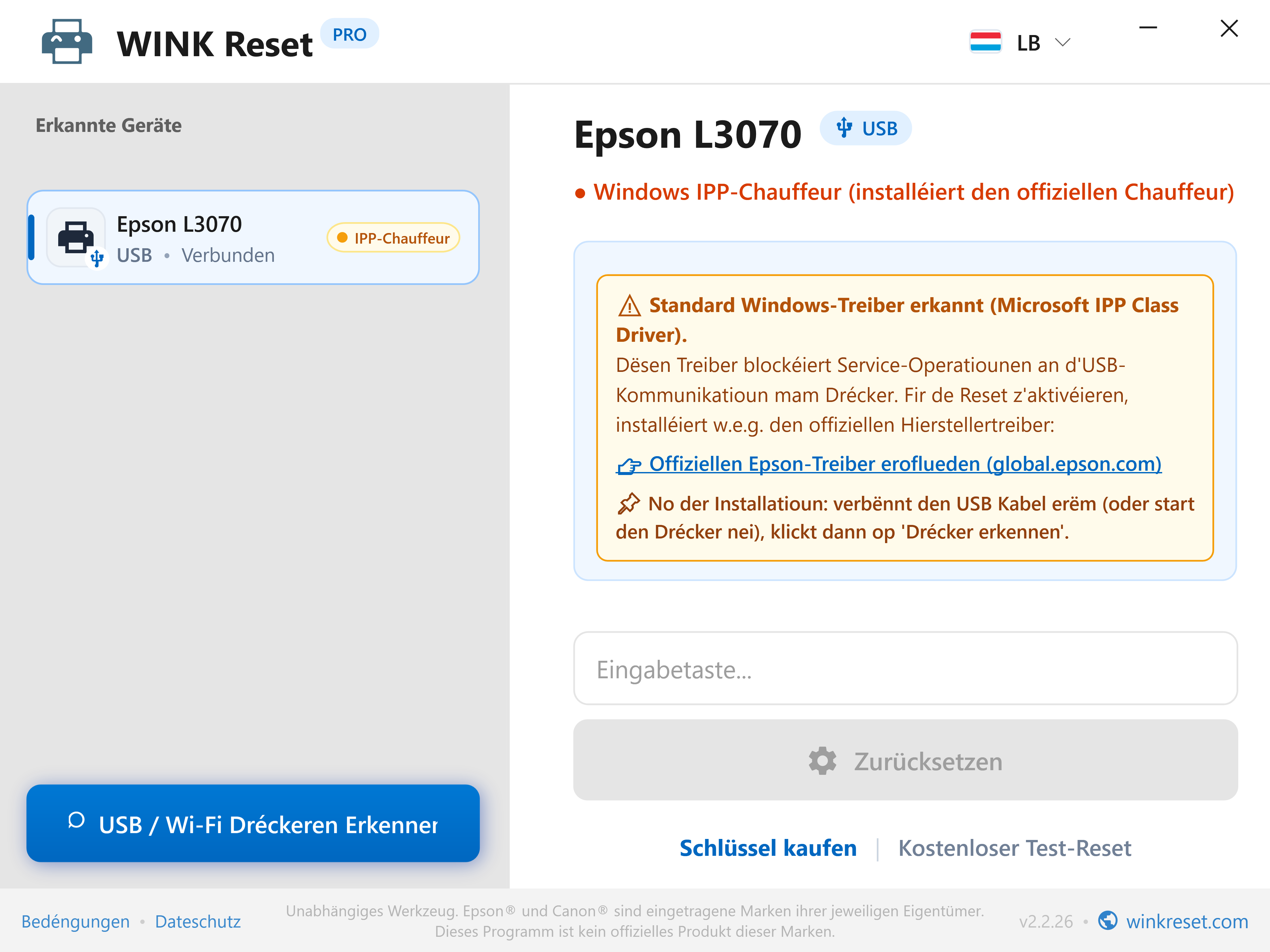 Kommunikatiounswarnung: Blockade duerch Microsoft IPP Class Driver - WINK Reset PRO (LB)