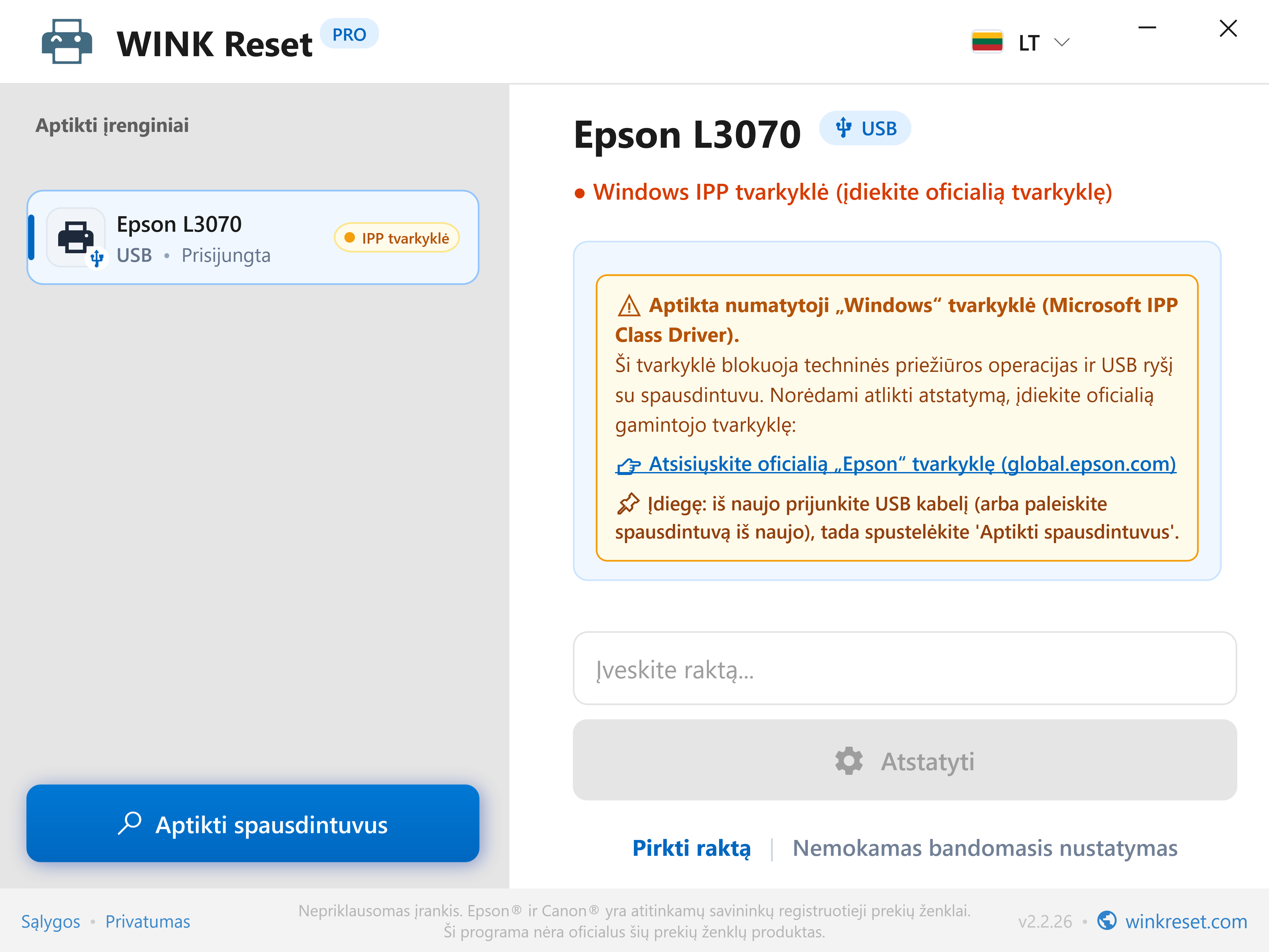 Ryšio įspėjimas: „Microsoft IPP Class Driver“ blokavimas - WINK Reset PRO (LT)