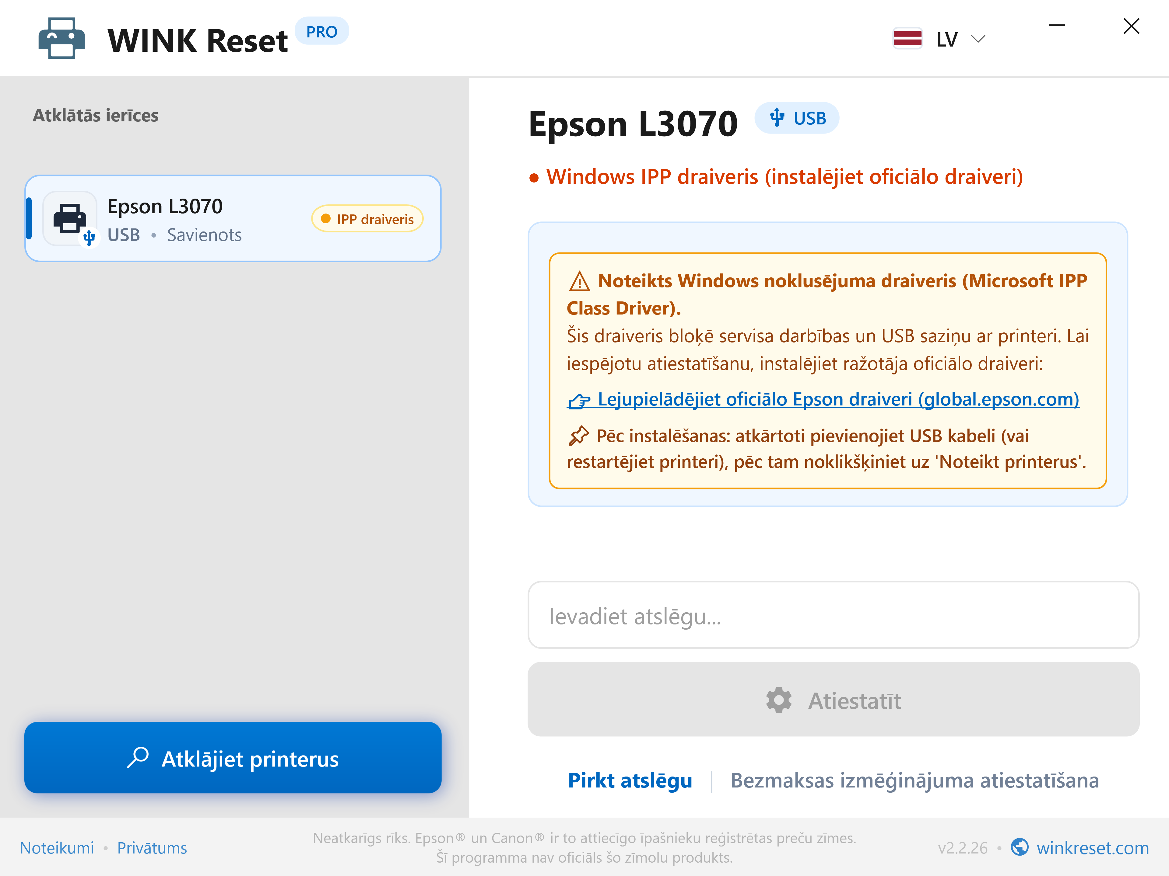Sakaru brīdinājums: Microsoft IPP Class Driver - WINK Reset PRO (LV)