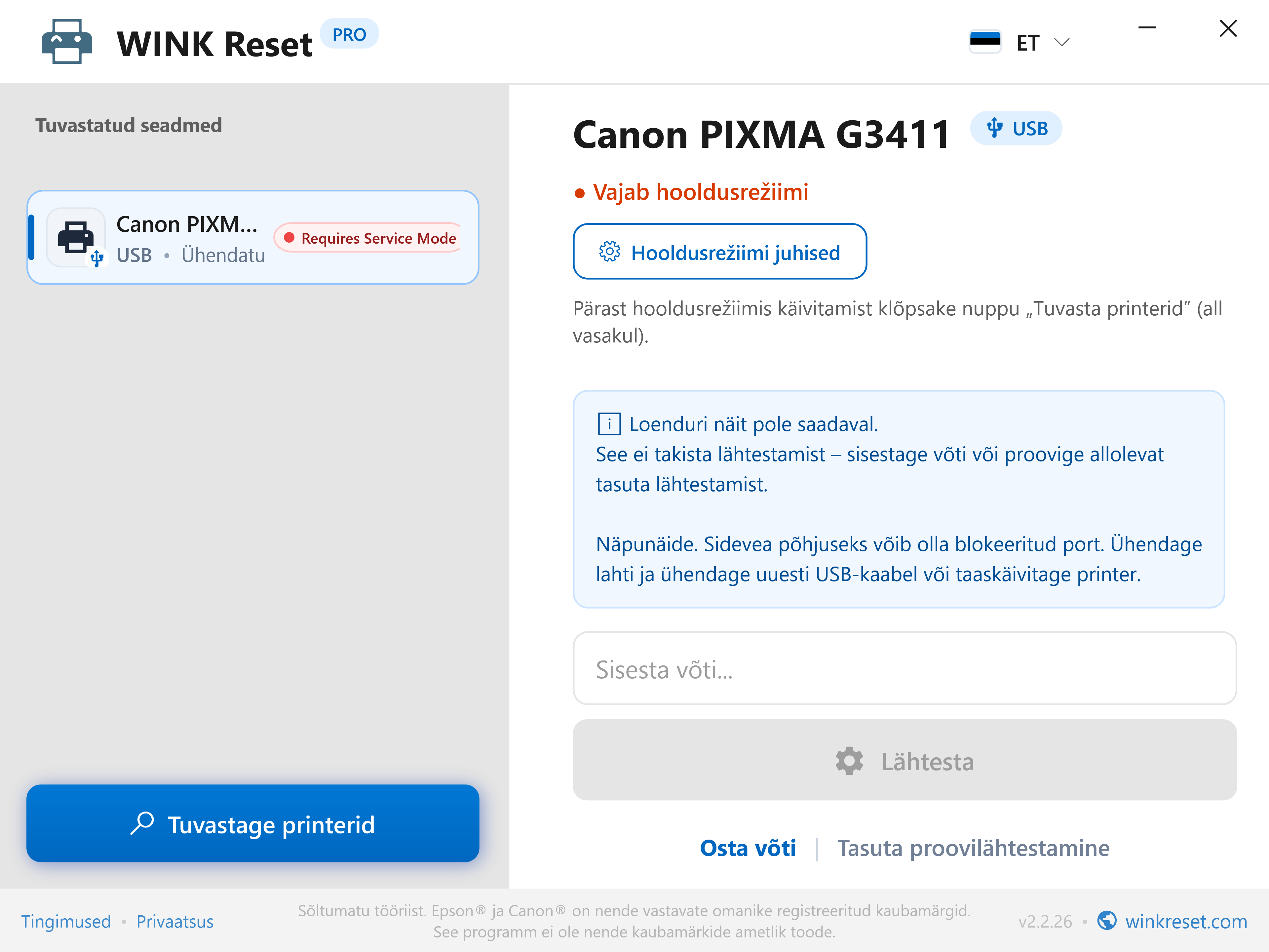 Interaktiivne Canon Service Mode juhend - WINK Reset PRO (ET)