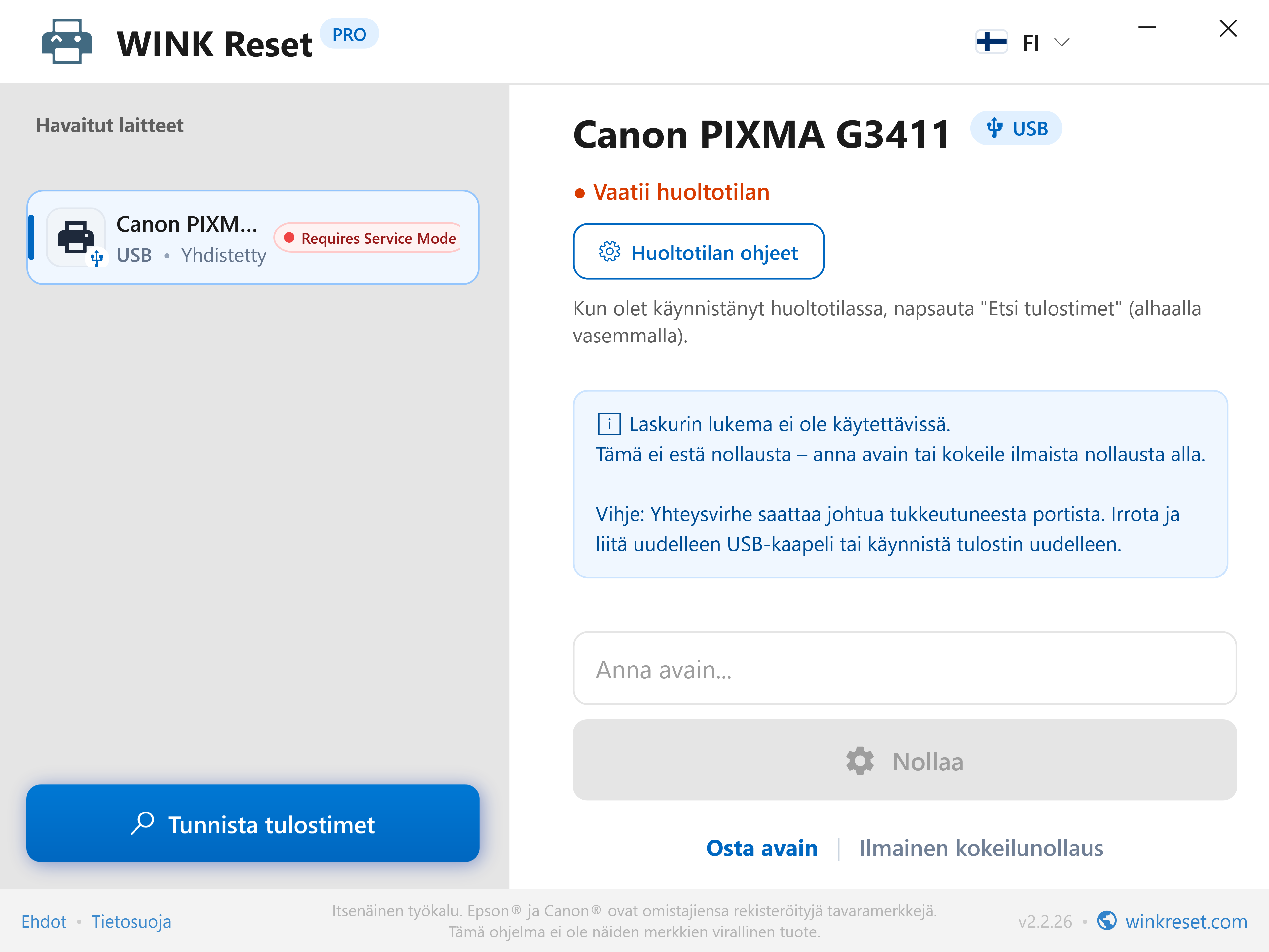 Interaktiivinen Canon Service Mode -opas - WINK Reset PRO (FI)