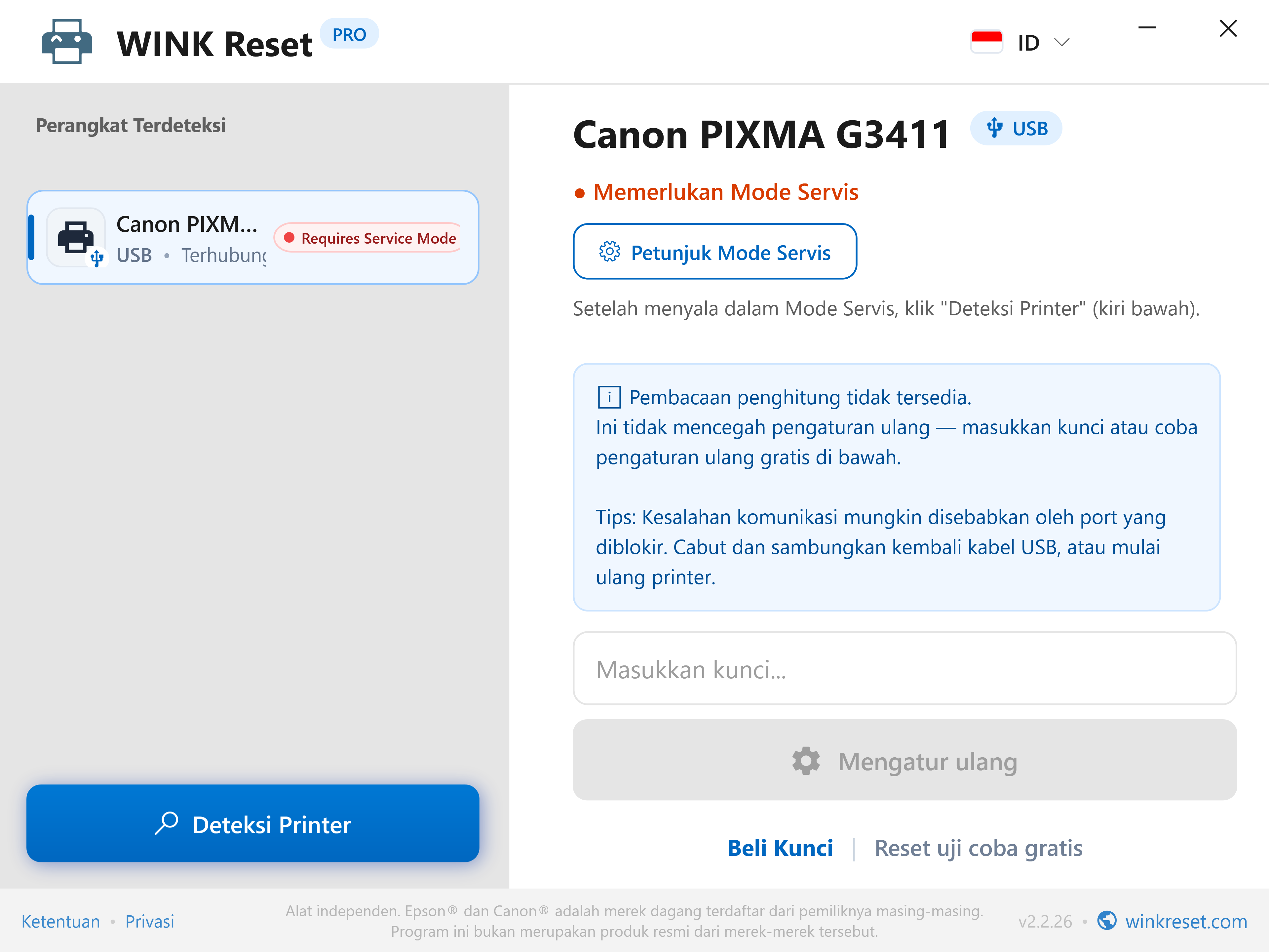 Panduan interaktif Canon Service Mode - WINK Reset PRO (ID)