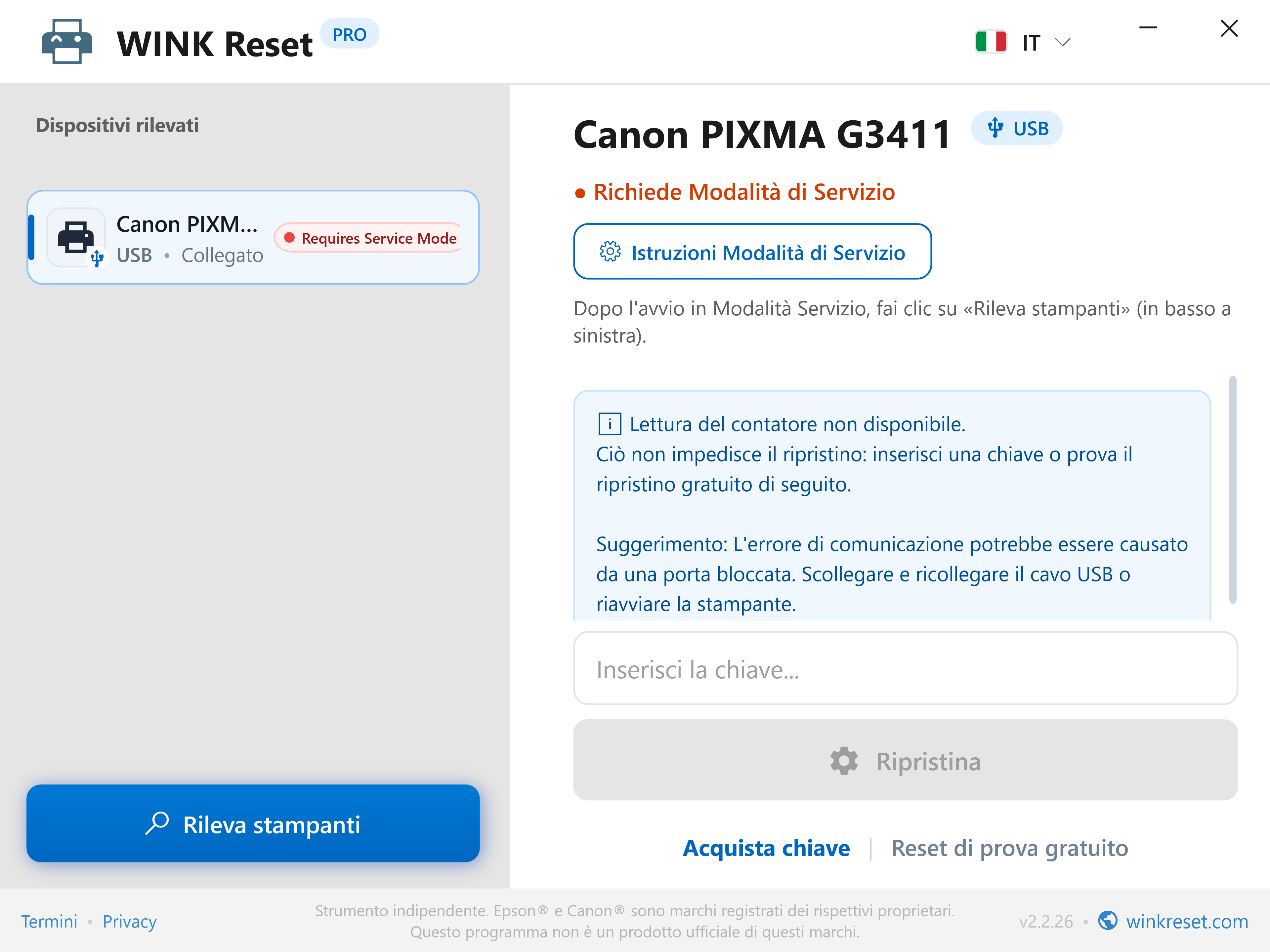 Guida interattiva a Canon Service Mode - WINK Reset PRO (IT)
