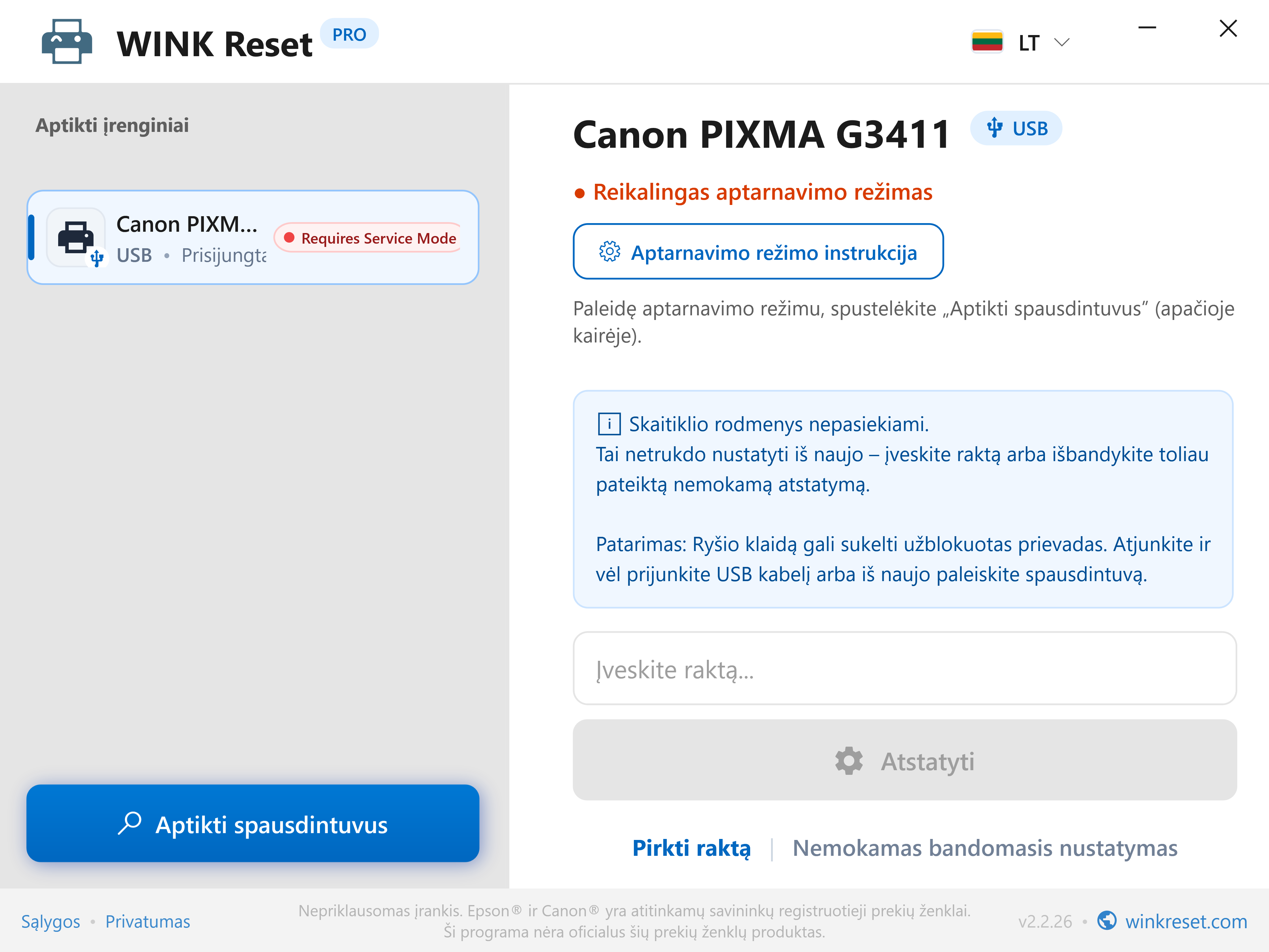 Interaktyvus „Canon Service Mode“ vadovas - WINK Reset PRO (LT)