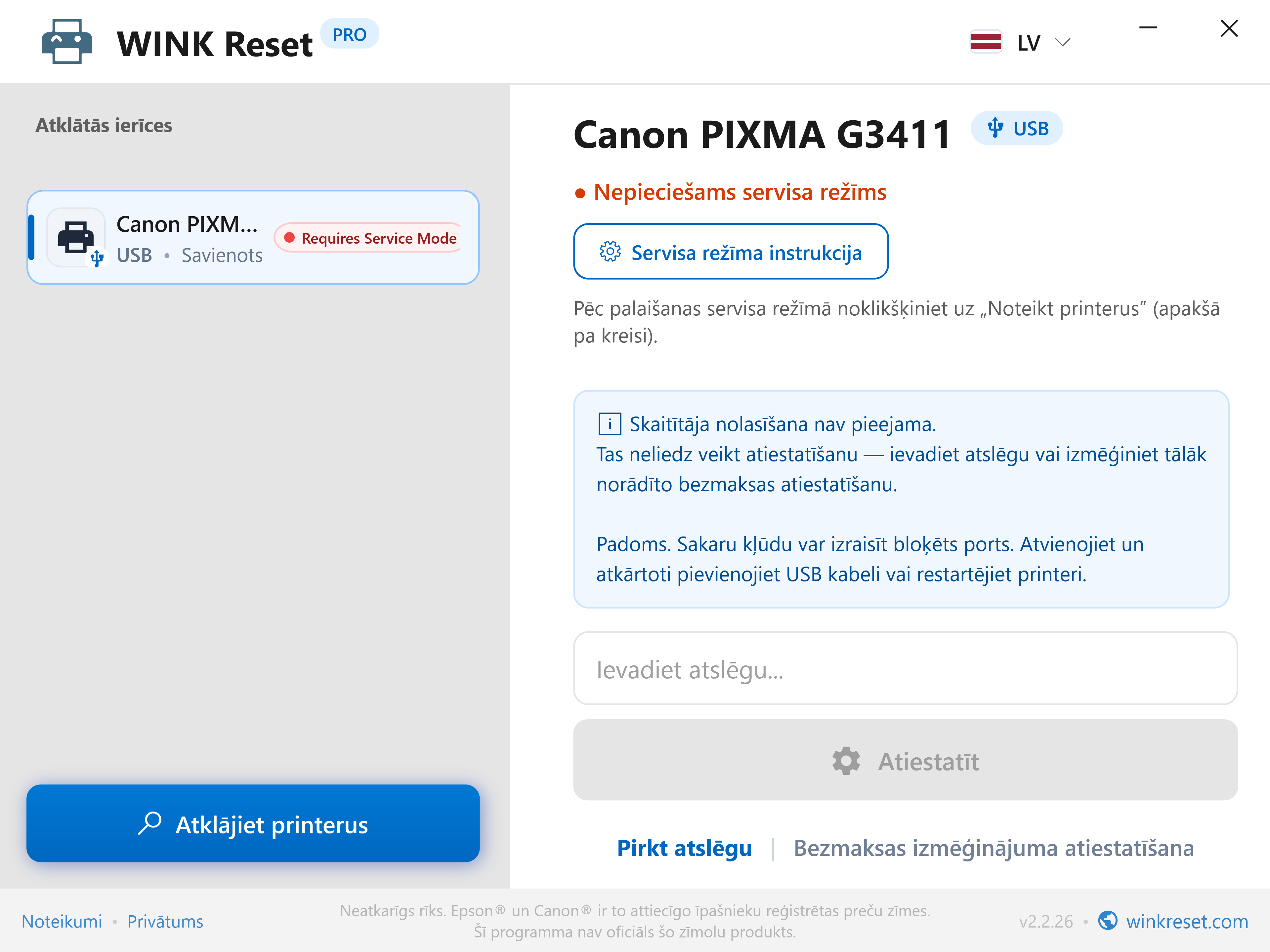 Interaktīvs Canon Service Mode ceļvedis - WINK Reset PRO (LV)