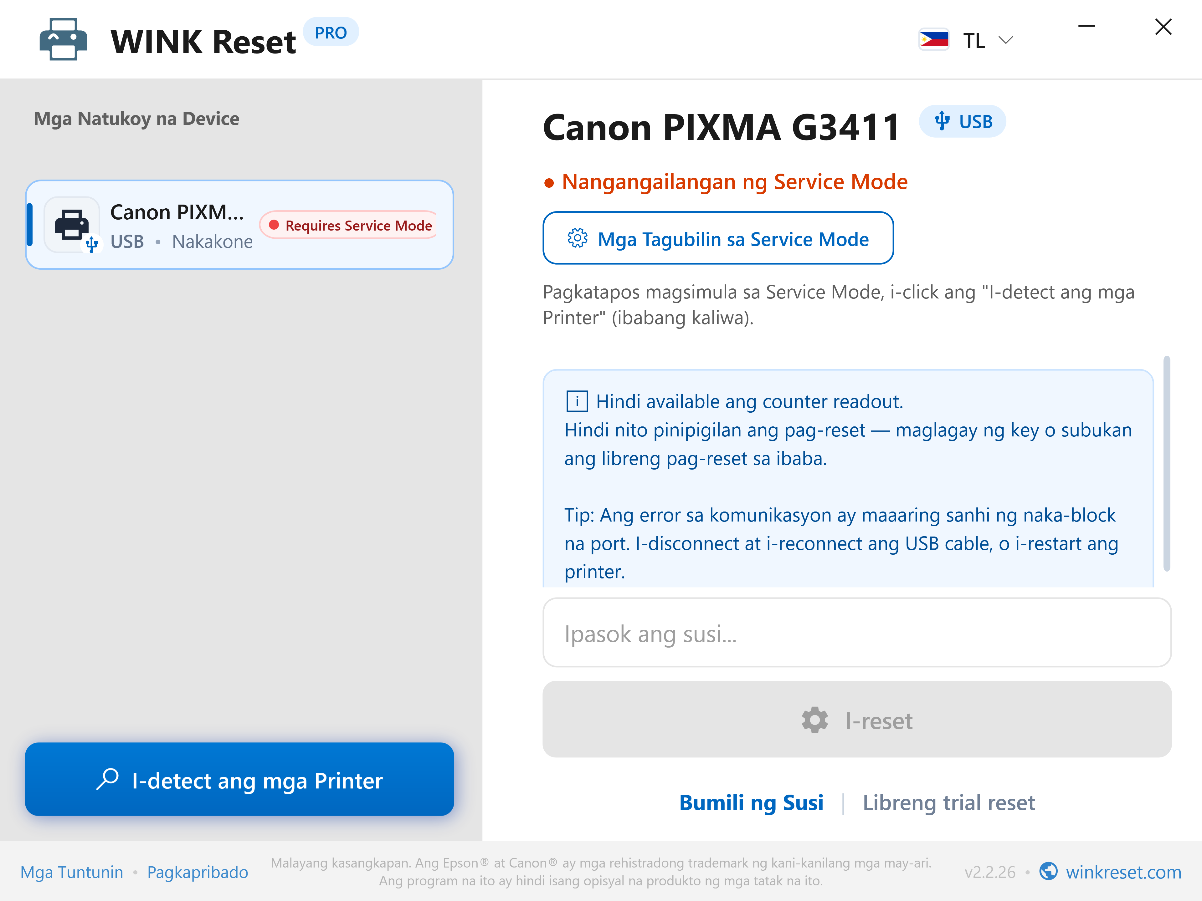 Interactive na gabay para sa Canon Service Mode - WINK Reset PRO (TL)